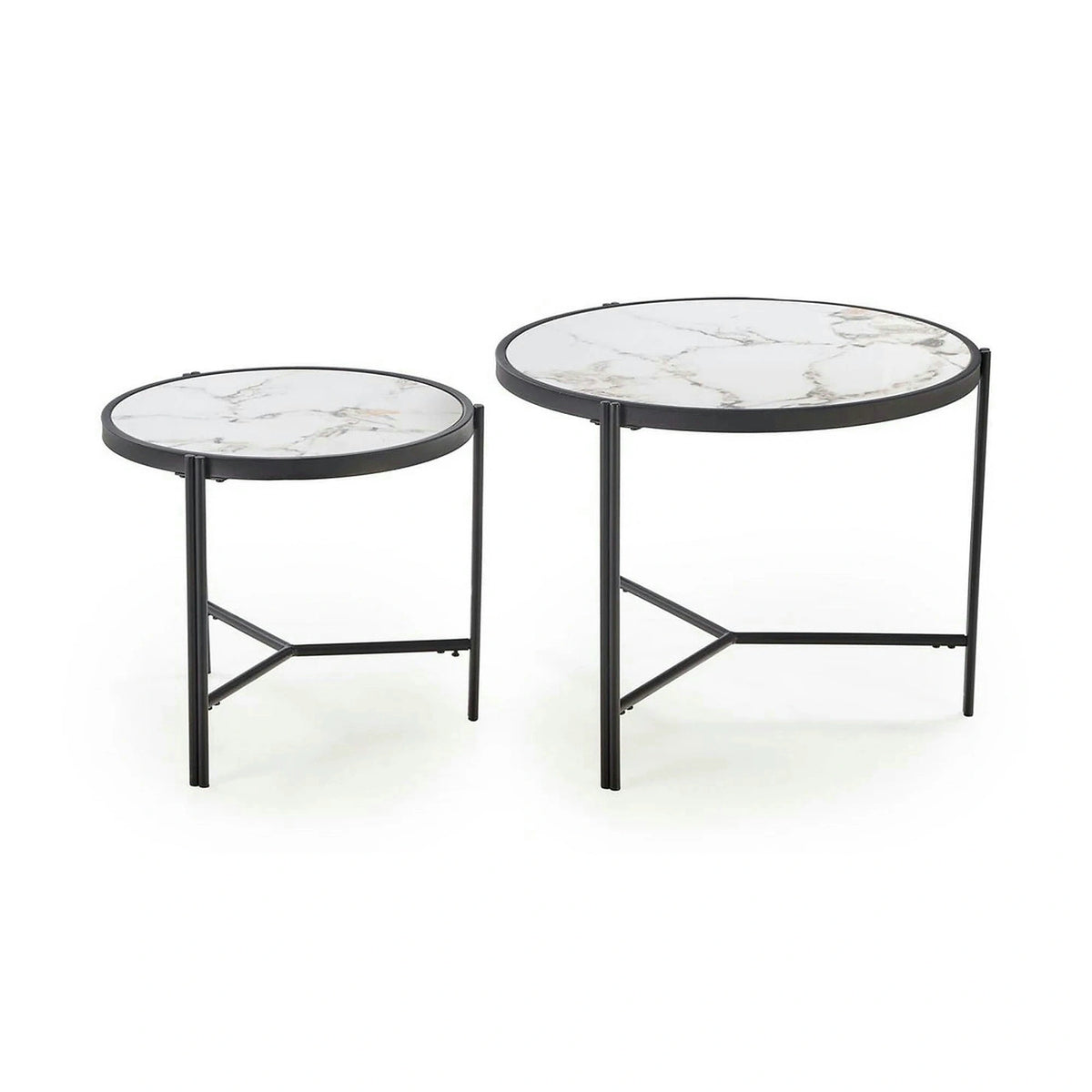 Set 2 masute cafea FATIMA, alb cu efect de marmura/negru, ceramica/metal