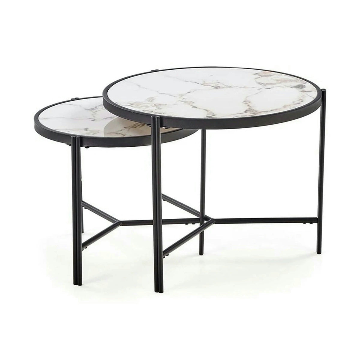 Set 2 masute cafea FATIMA, alb cu efect de marmura/negru, ceramica/metal