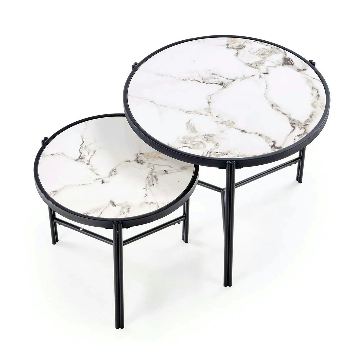 Set 2 masute cafea FATIMA, alb cu efect de marmura/negru, ceramica/metal