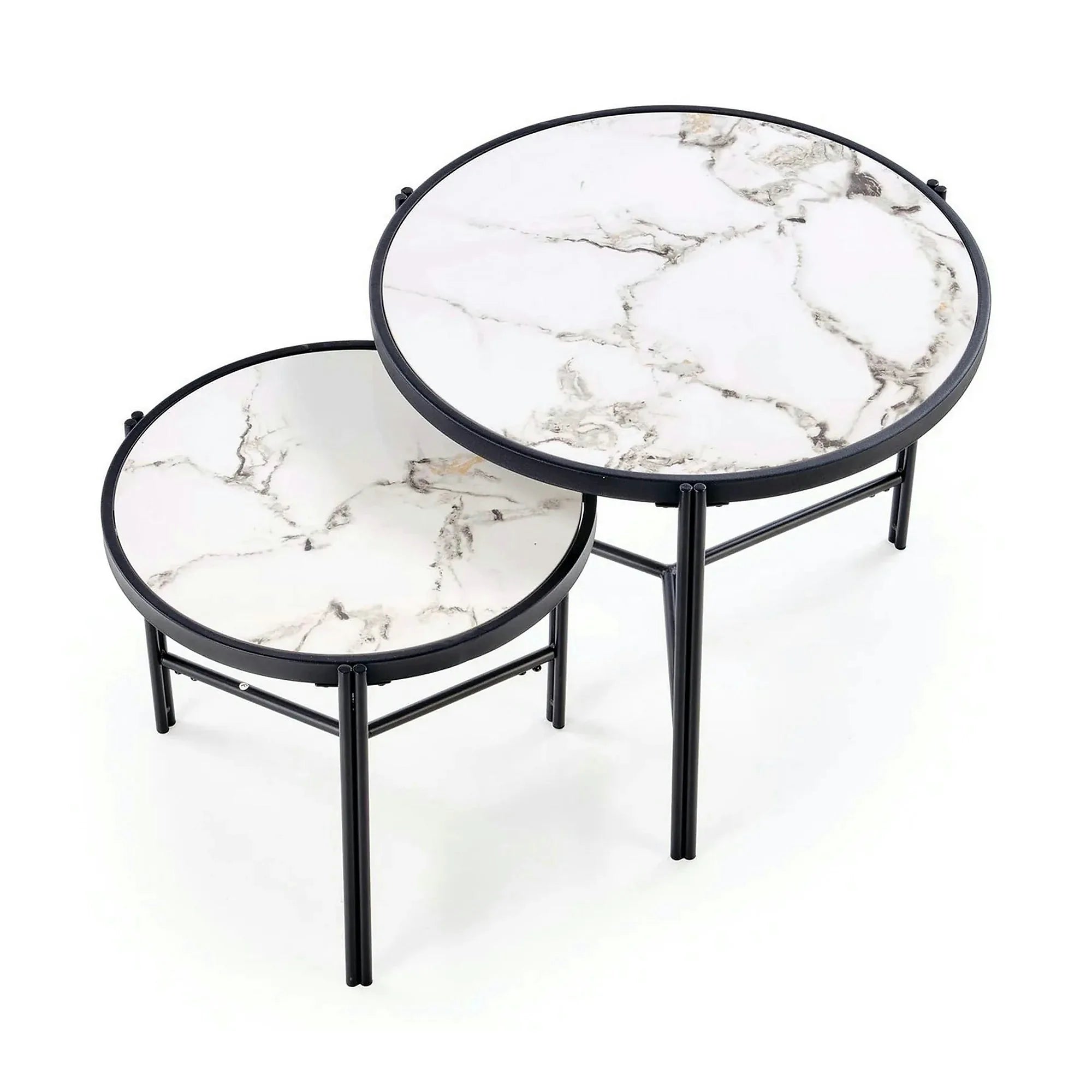 Set 2 masute cafea FATIMA, alb cu efect de marmura/negru, ceramica/metal