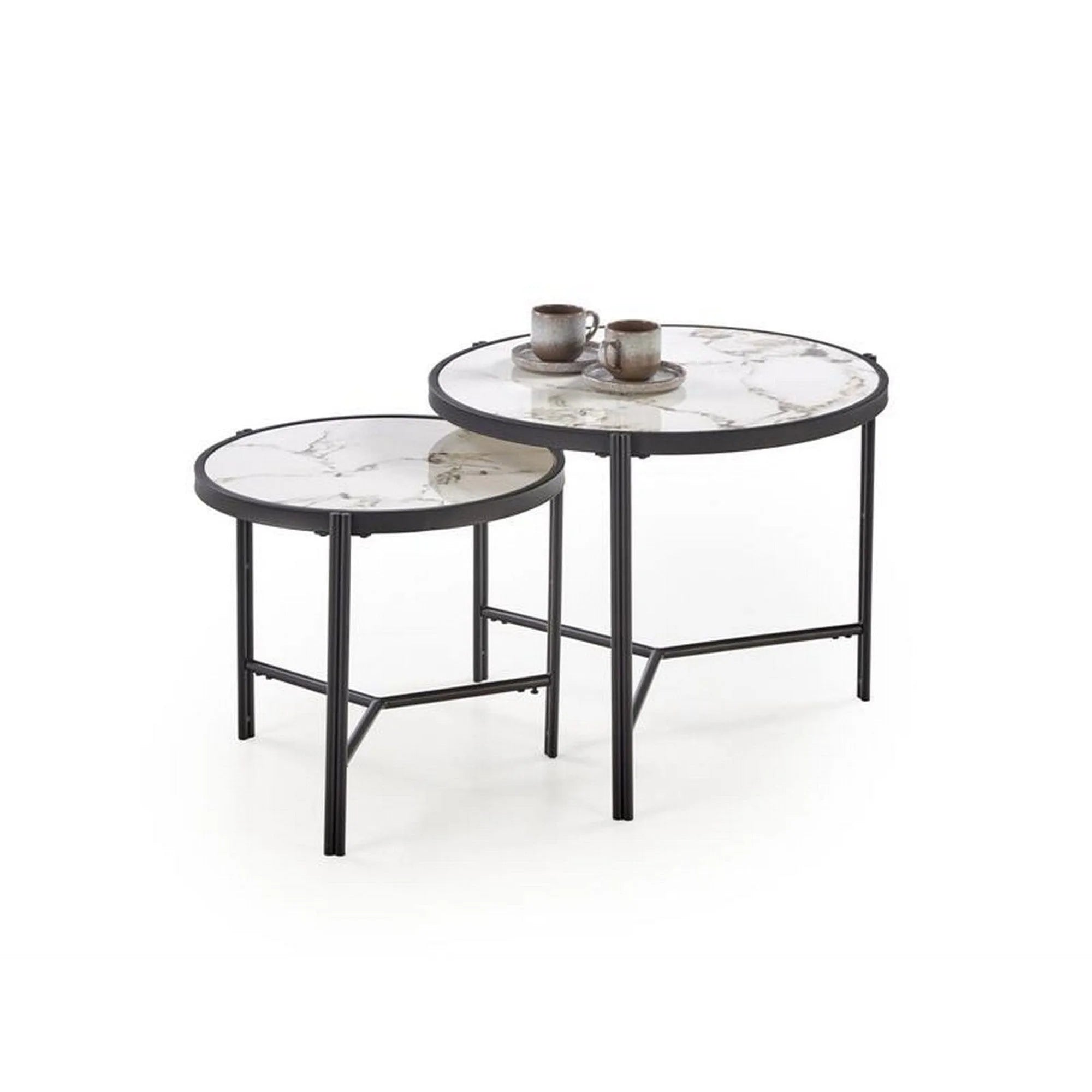 Set 2 masute cafea FATIMA, alb cu efect de marmura/negru, ceramica/metal