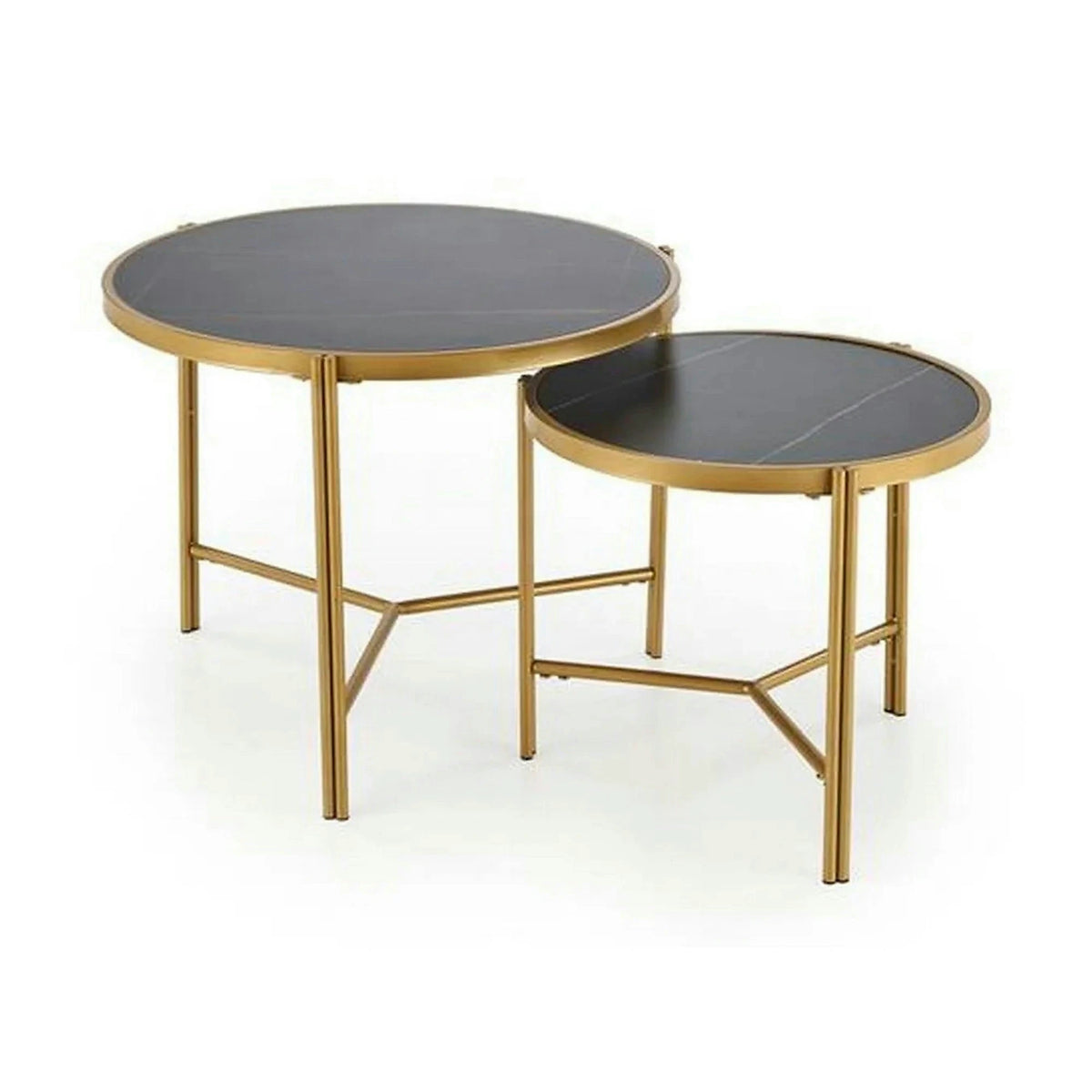 Set 2 masute cafea FATIMA, negru cu efect de marmura/auriu, ceramica/metal