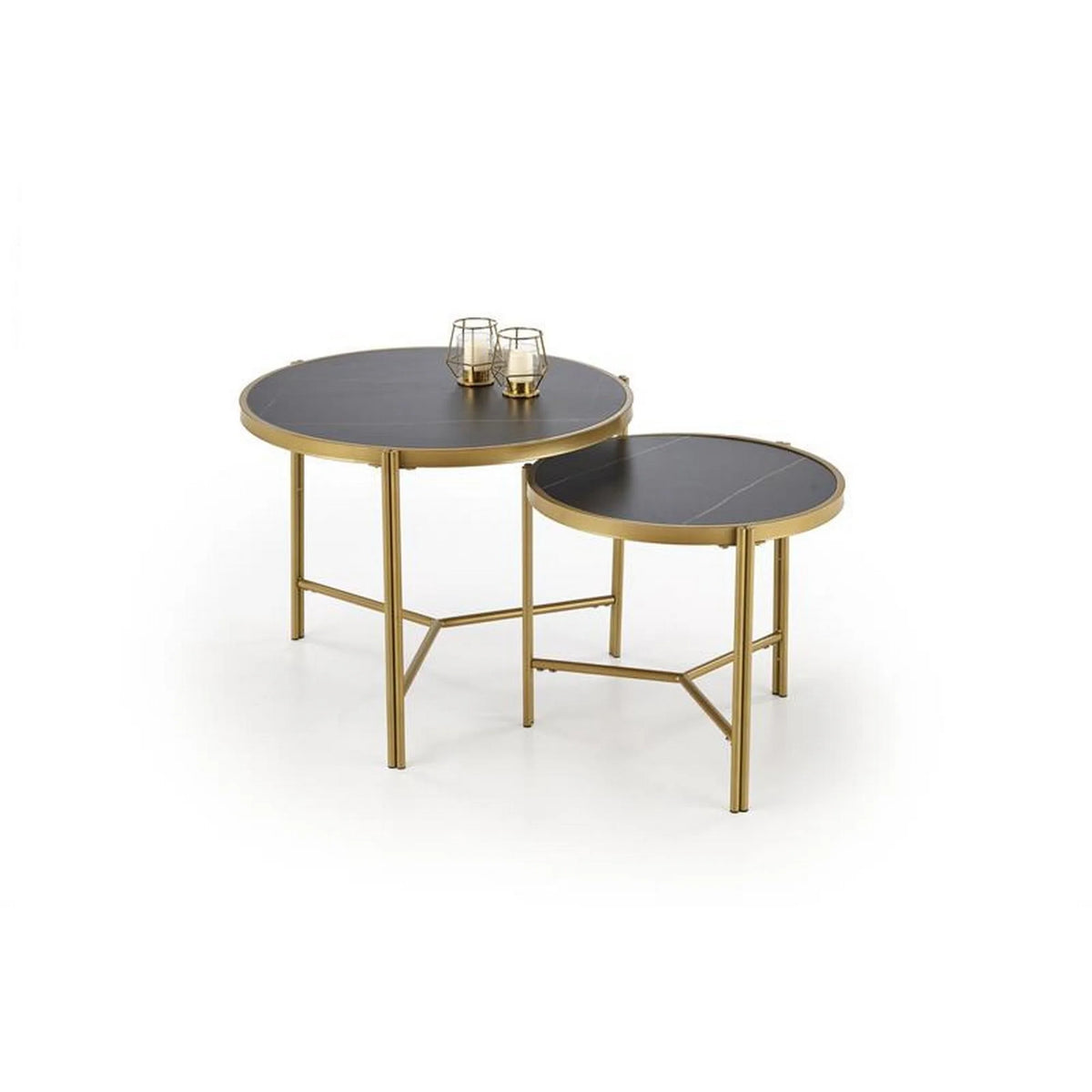 Set 2 masute cafea FATIMA, negru cu efect de marmura/auriu, ceramica/metal