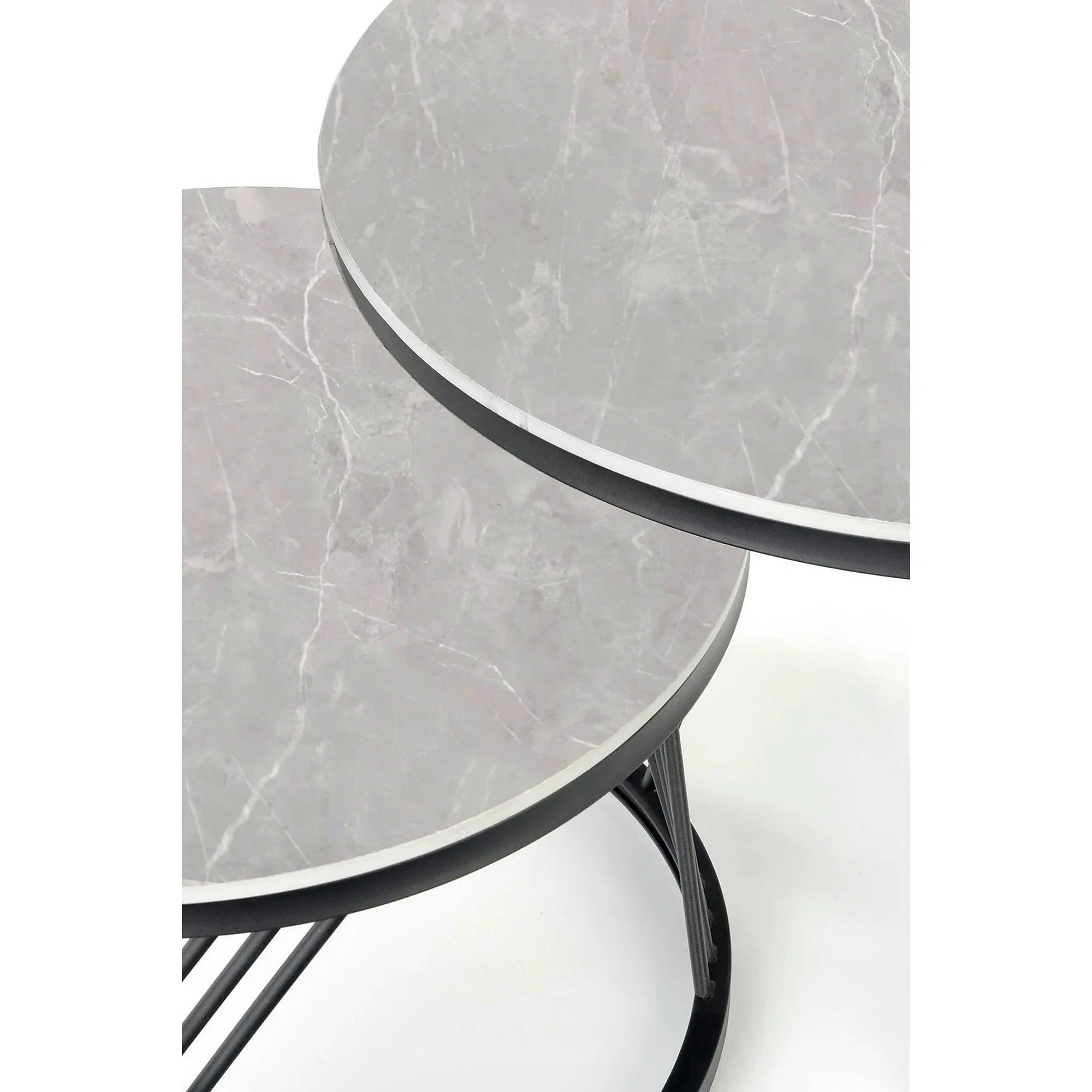 Set 2 masute cafea FLAMINGO, gri cu efect de marmura/negru, ceramica/metal