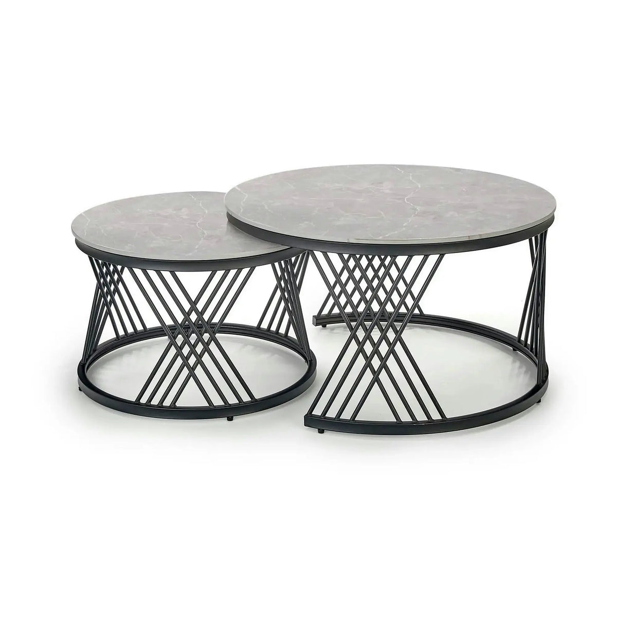 Set 2 masute cafea FLAMINGO, gri cu efect de marmura/negru, ceramica/metal