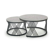 Set 2 masute cafea FLAMINGO, gri cu efect de marmura/negru, ceramica/metal