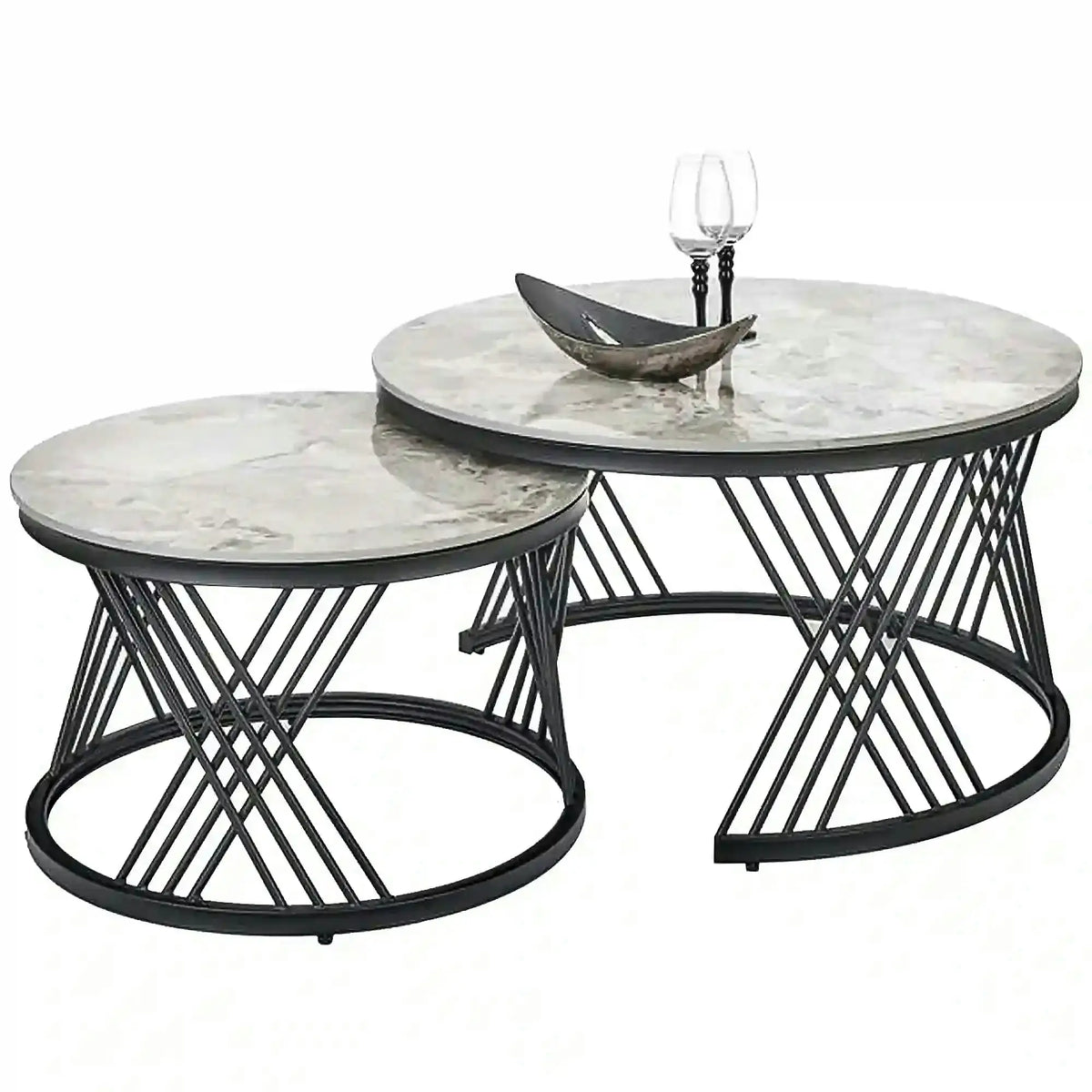 Set 2 masute cafea FLAMINGO, gri cu efect de marmura/negru, ceramica/metal