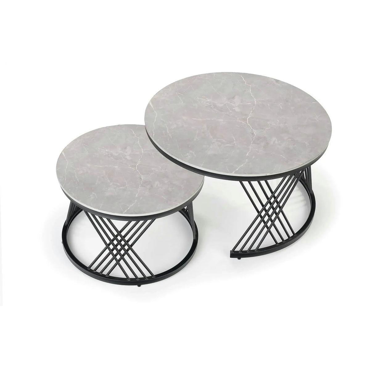 Set 2 masute cafea FLAMINGO, gri cu efect de marmura/negru, ceramica/metal