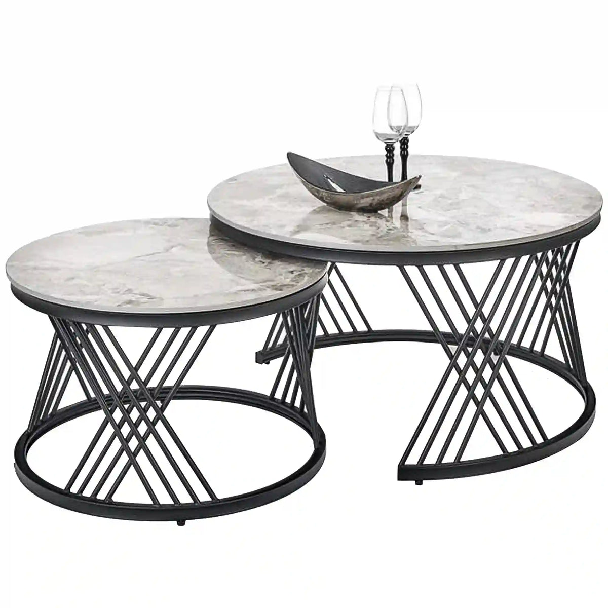 Set 2 masute cafea FLAMINGO, gri cu efect de marmura/negru, ceramica/metal