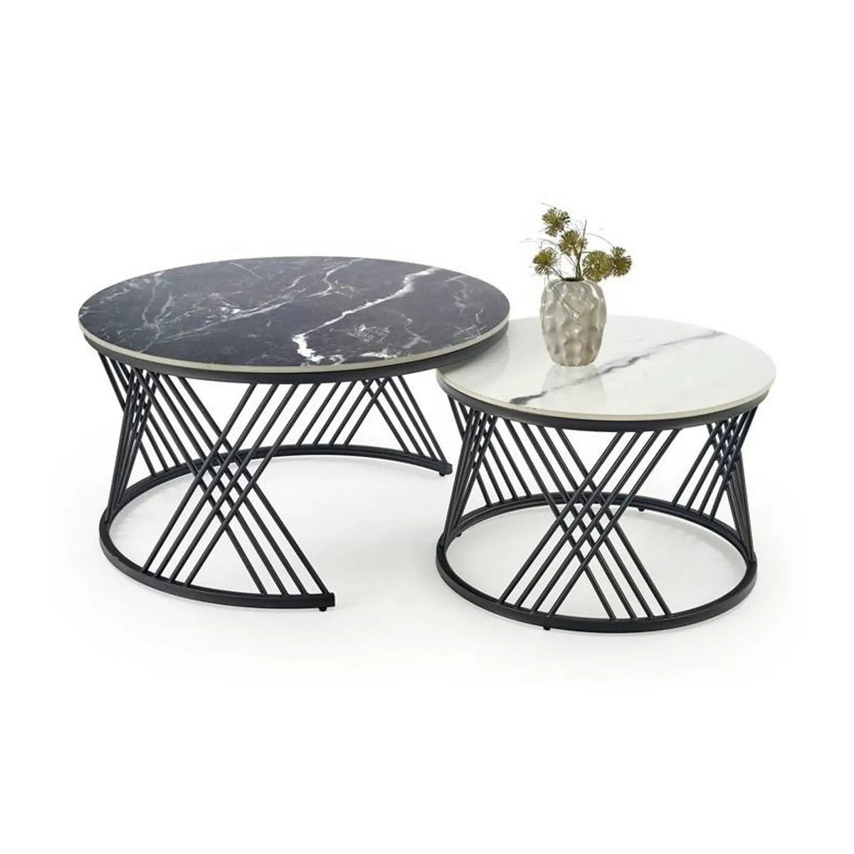 Set 2 masute cafea FLAMINGO, negru cu efect de marmura/alb cu efect de marmura/negru, piatra sinterizata/metal