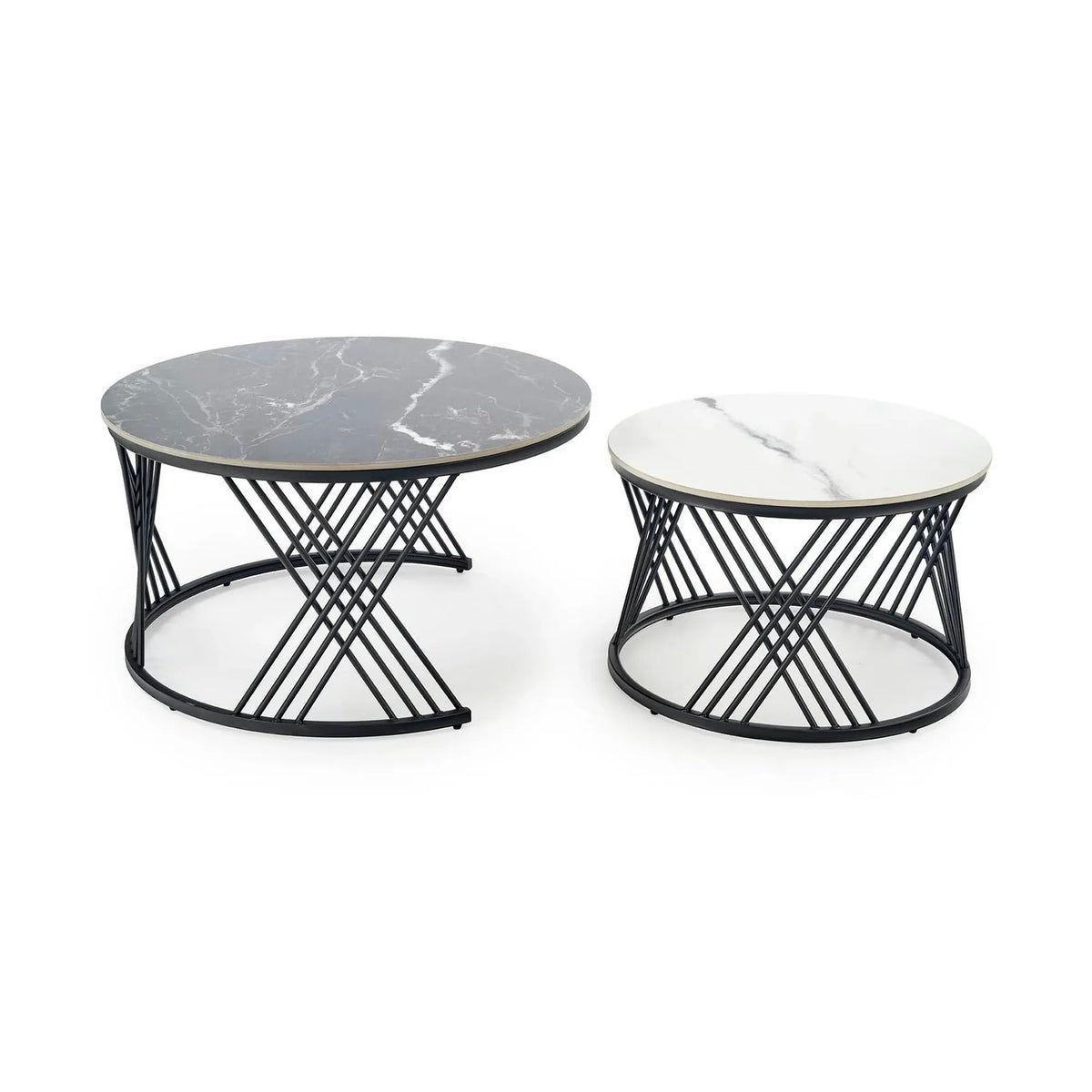Set 2 masute cafea FLAMINGO, negru cu efect de marmura/alb cu efect de marmura/negru, piatra sinterizata/metal