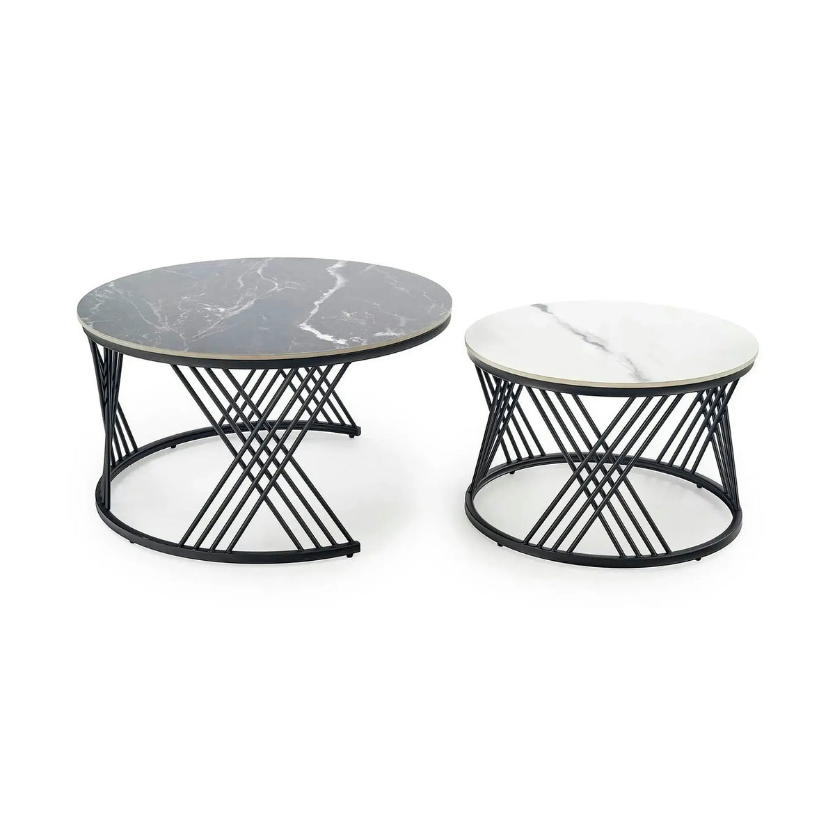 Set 2 masute cafea FLAMINGO, negru cu efect de marmura/alb cu efect de marmura/negru, piatra sinterizata/metal