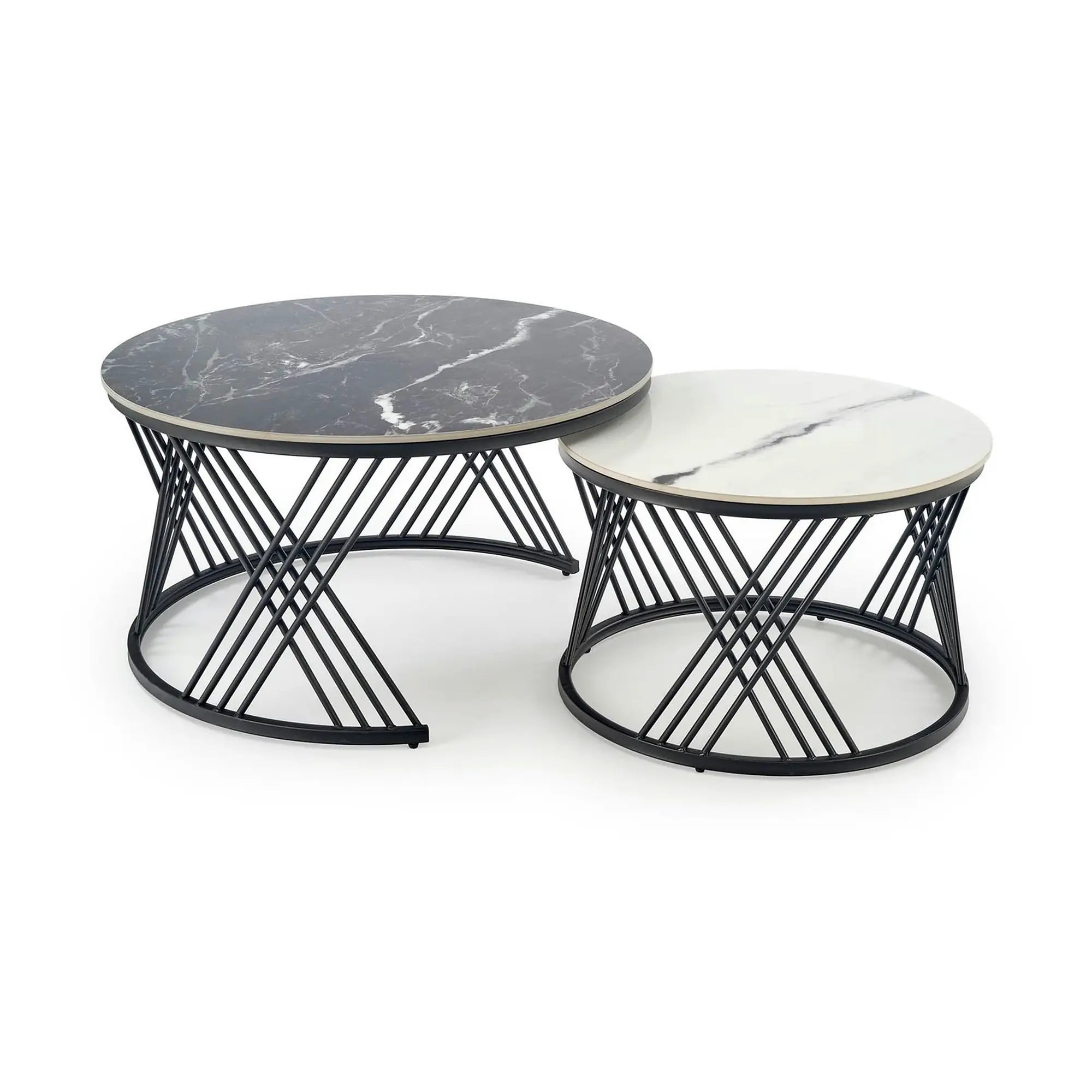 Set 2 masute cafea FLAMINGO, negru cu efect de marmura/alb cu efect de marmura/negru, piatra sinterizata/metal