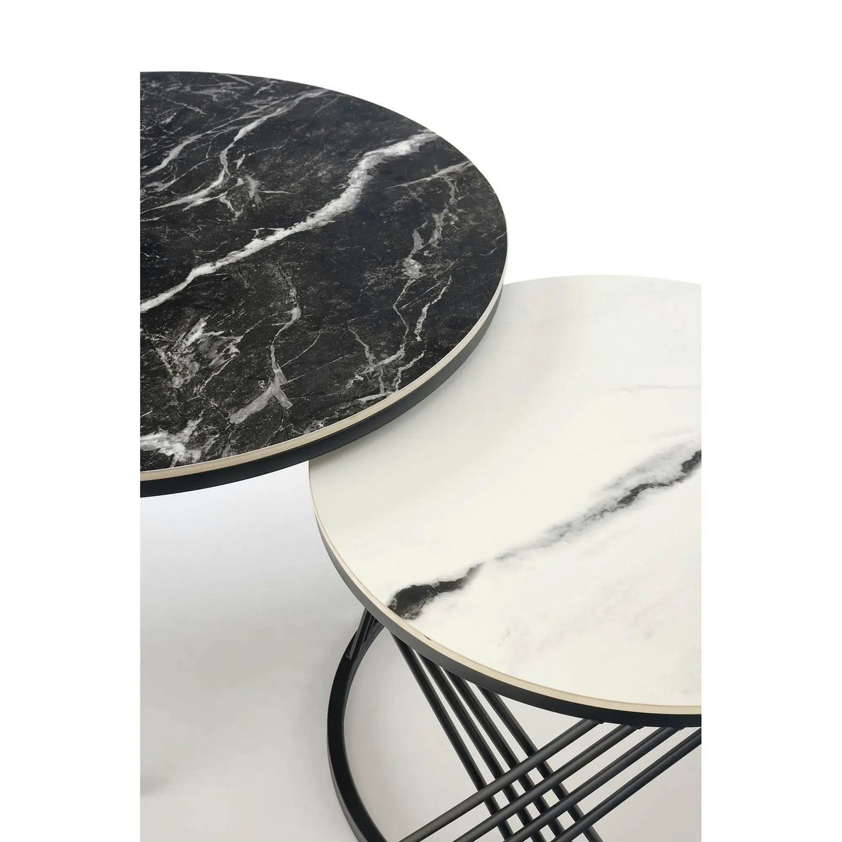 Set 2 masute cafea FLAMINGO, negru cu efect de marmura/alb cu efect de marmura/negru, piatra sinterizata/metal