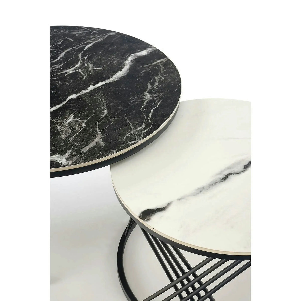 Set 2 masute cafea FLAMINGO, negru cu efect de marmura/alb cu efect de marmura/negru, piatra sinterizata/metal