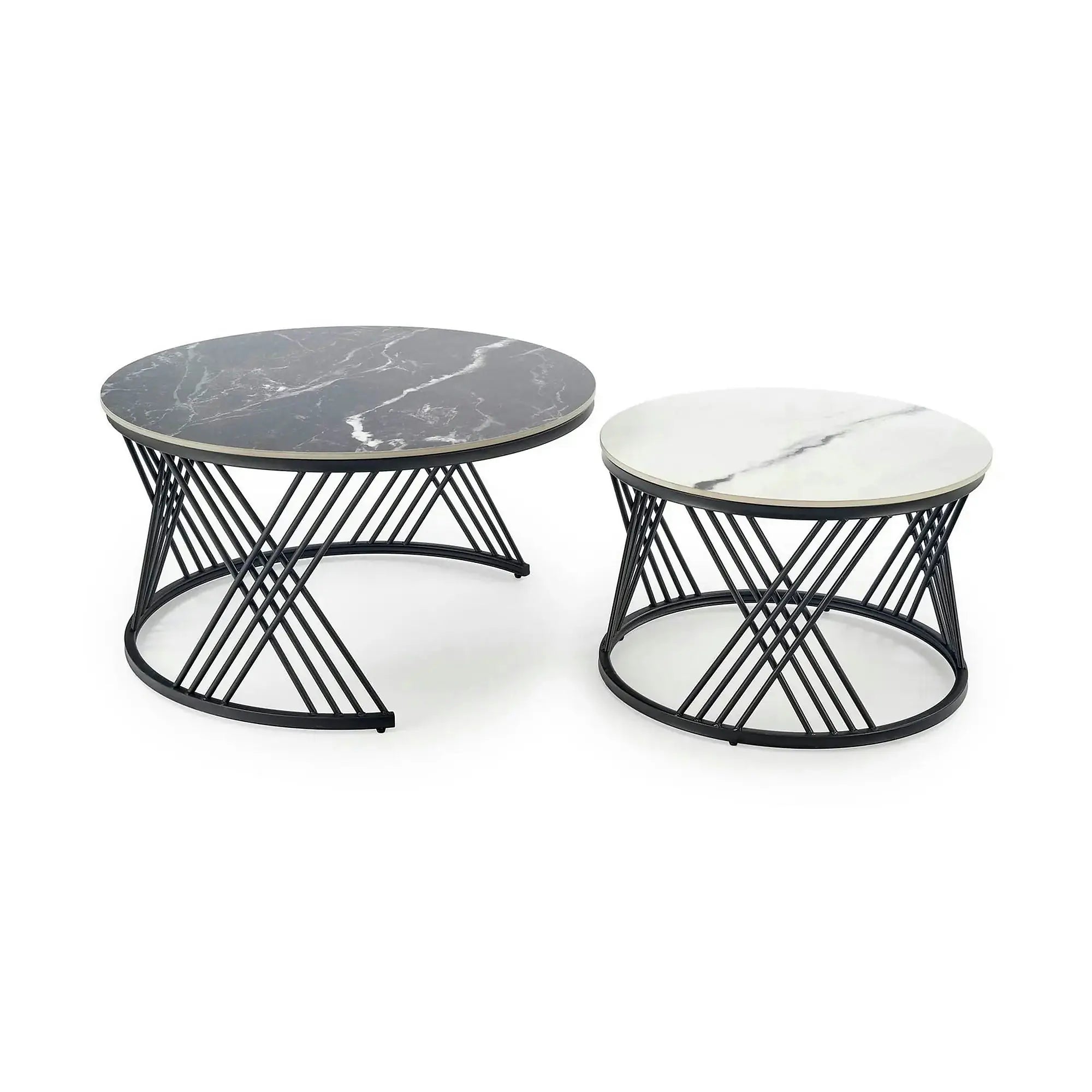 Set 2 masute cafea FLAMINGO, negru cu efect de marmura/alb cu efect de marmura/negru, piatra sinterizata/metal