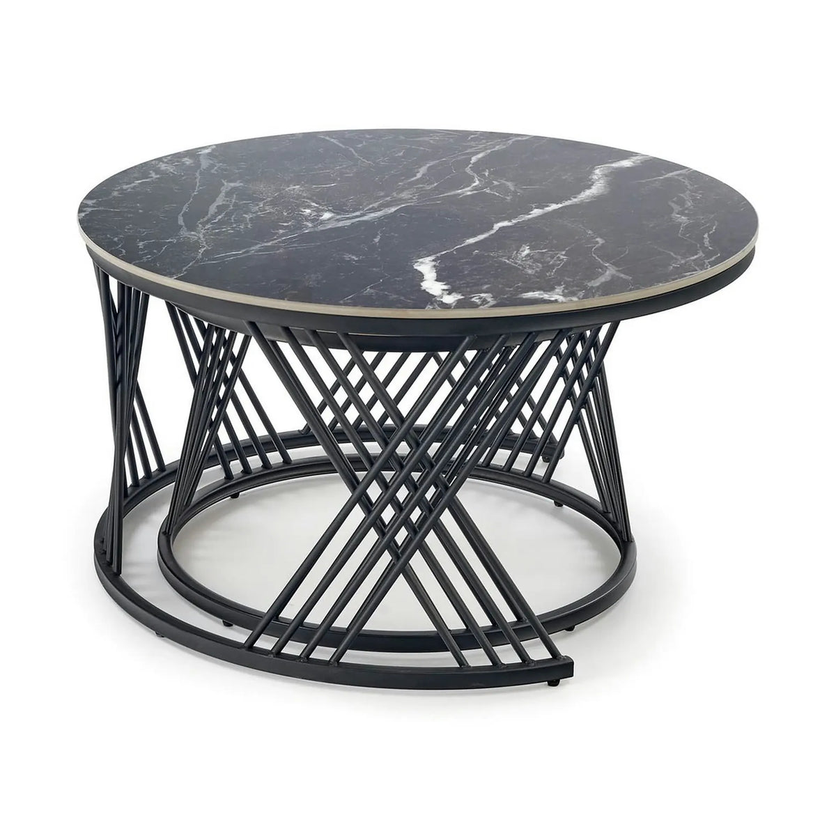 Set 2 masute cafea FLAMINGO, negru cu efect de marmura/alb cu efect de marmura/negru, piatra sinterizata/metal