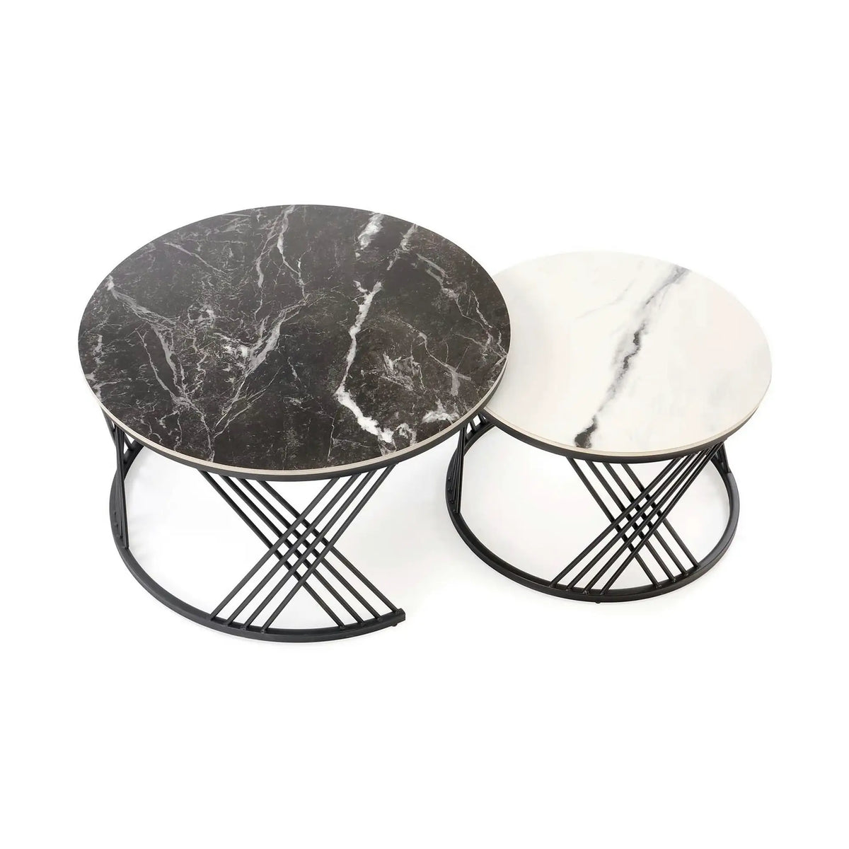 Set 2 masute cafea FLAMINGO, negru cu efect de marmura/alb cu efect de marmura/negru, piatra sinterizata/metal