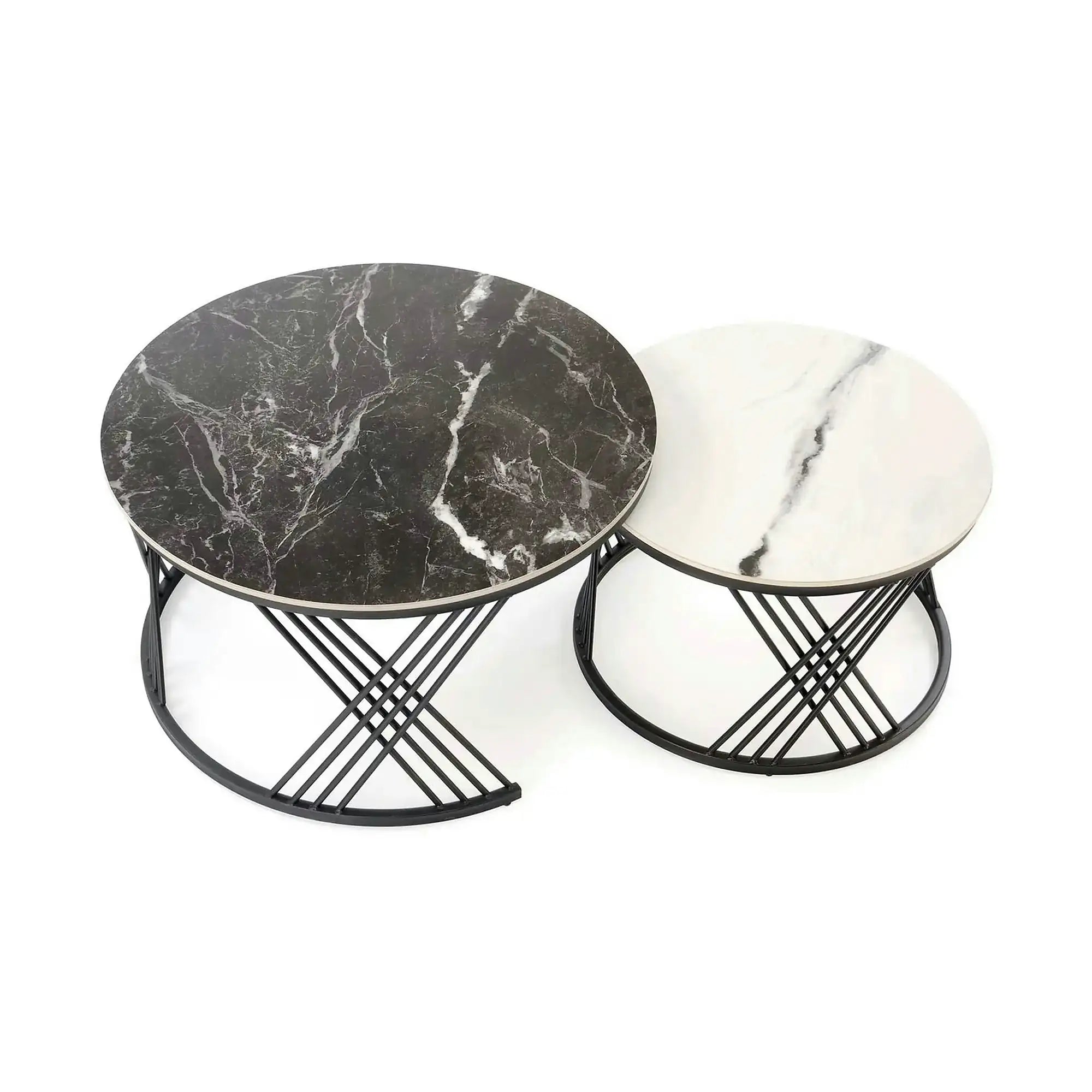 Set 2 masute cafea FLAMINGO, negru cu efect de marmura/alb cu efect de marmura/negru, piatra sinterizata/metal