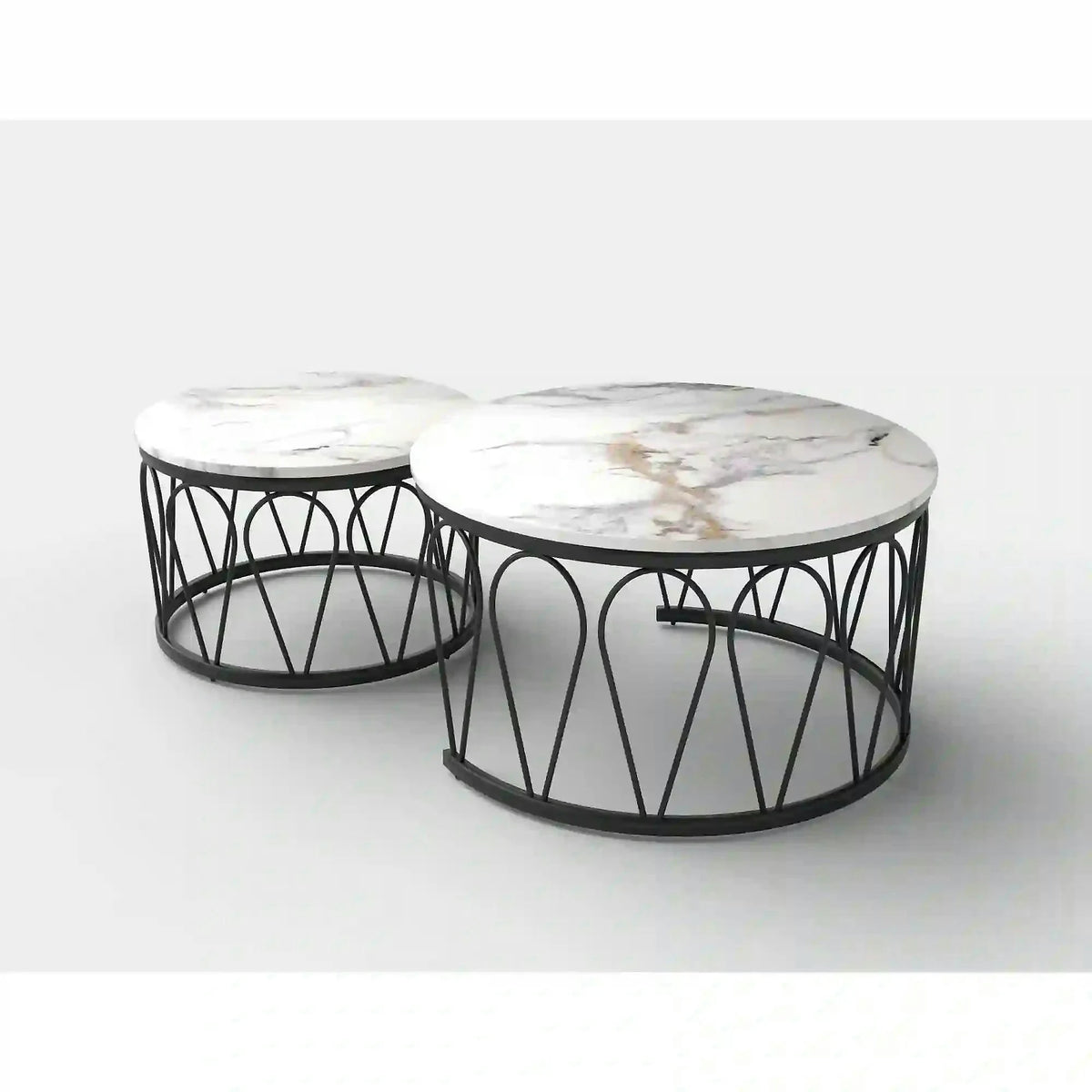 Set 2 masute cafea FORMOSA, alb cu efect de marmura/negru, ceramica/otel