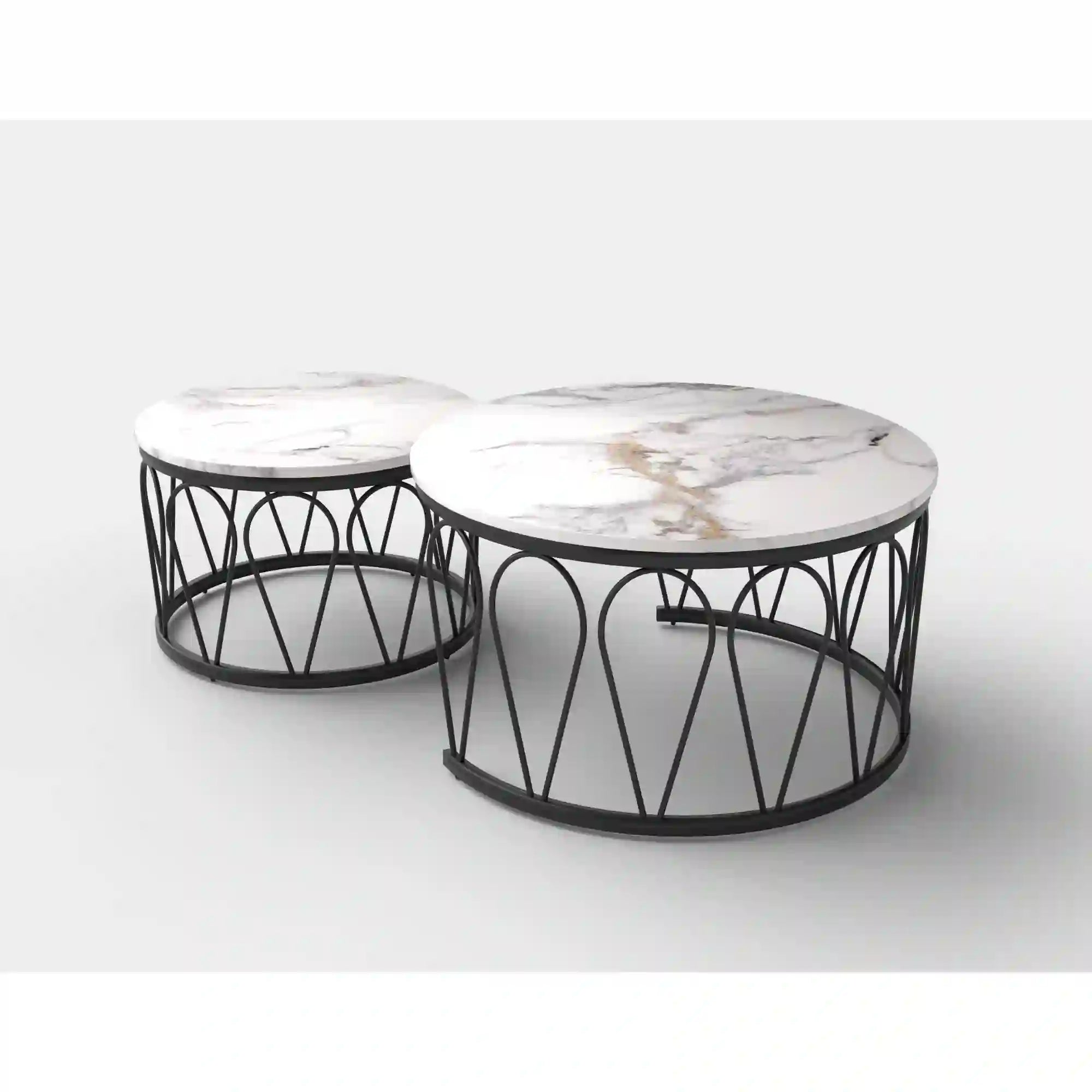 Set 2 masute cafea FORMOSA, alb cu efect de marmura/negru, ceramica/otel