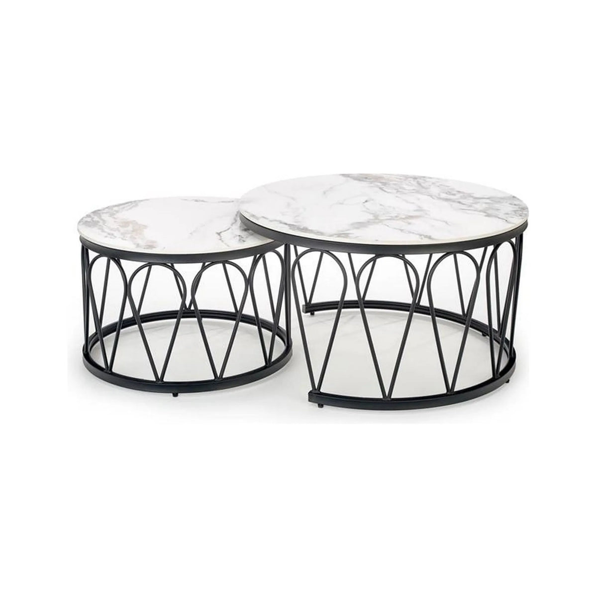 Set 2 masute cafea FORMOSA, alb cu efect de marmura/negru, ceramica/otel