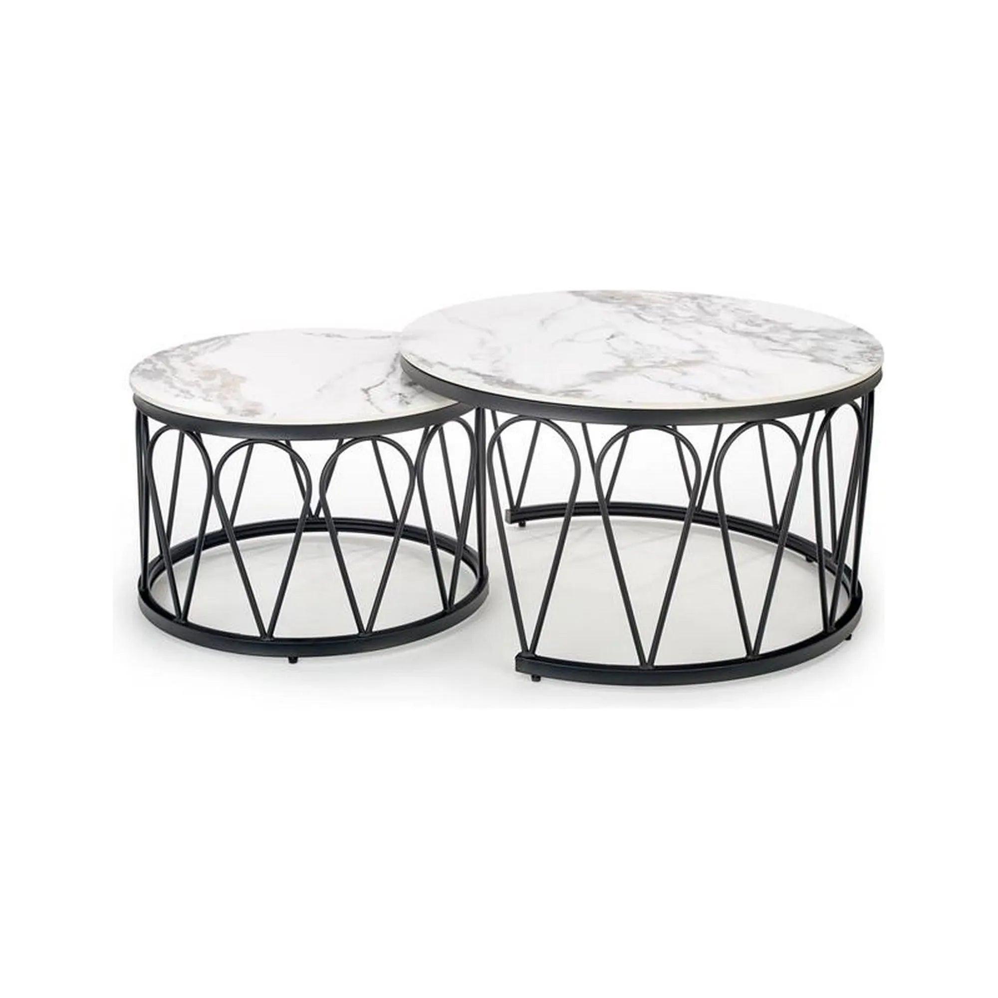 Set 2 masute cafea FORMOSA, alb cu efect de marmura/negru, ceramica/otel