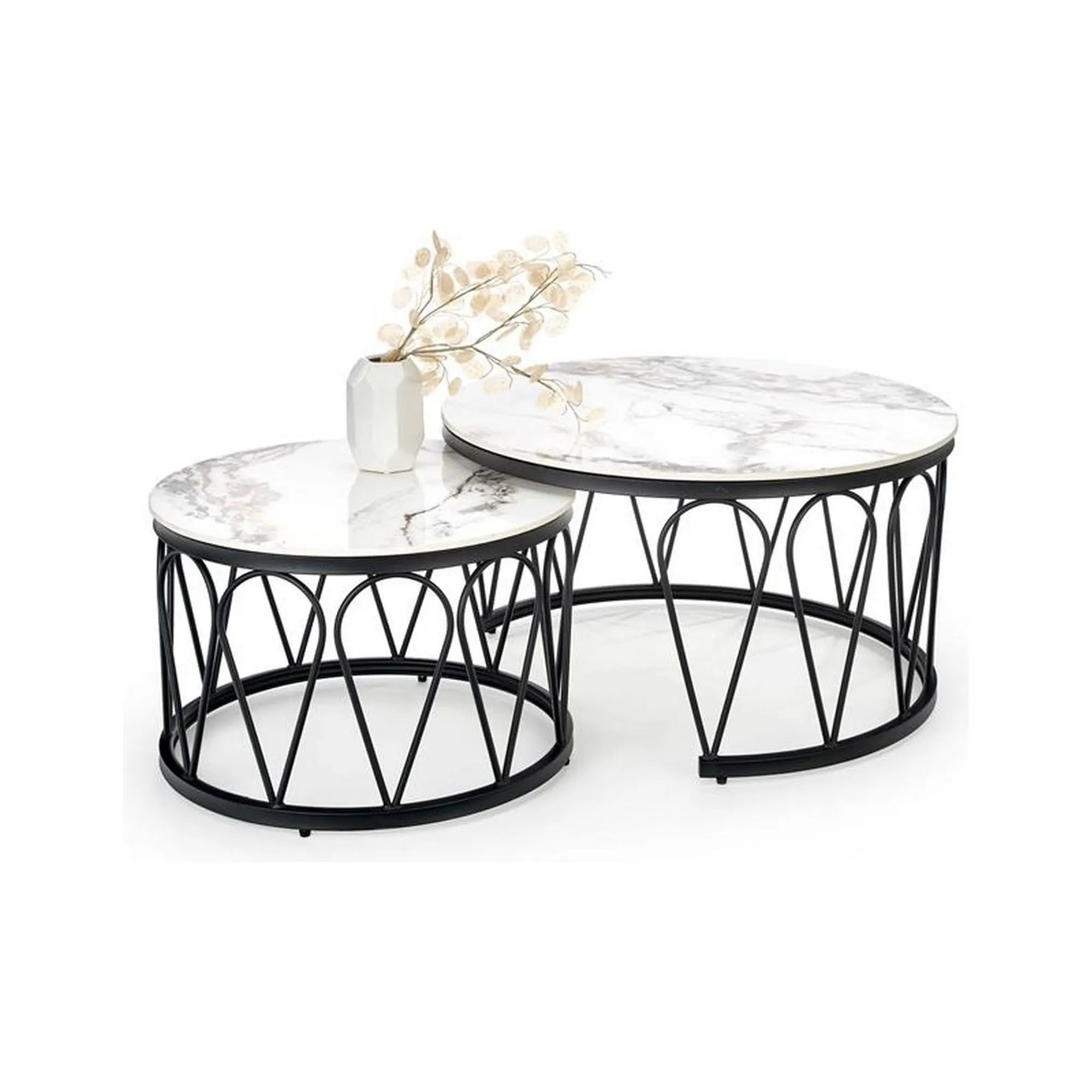 Set 2 masute cafea FORMOSA, alb cu efect de marmura/negru, ceramica/otel