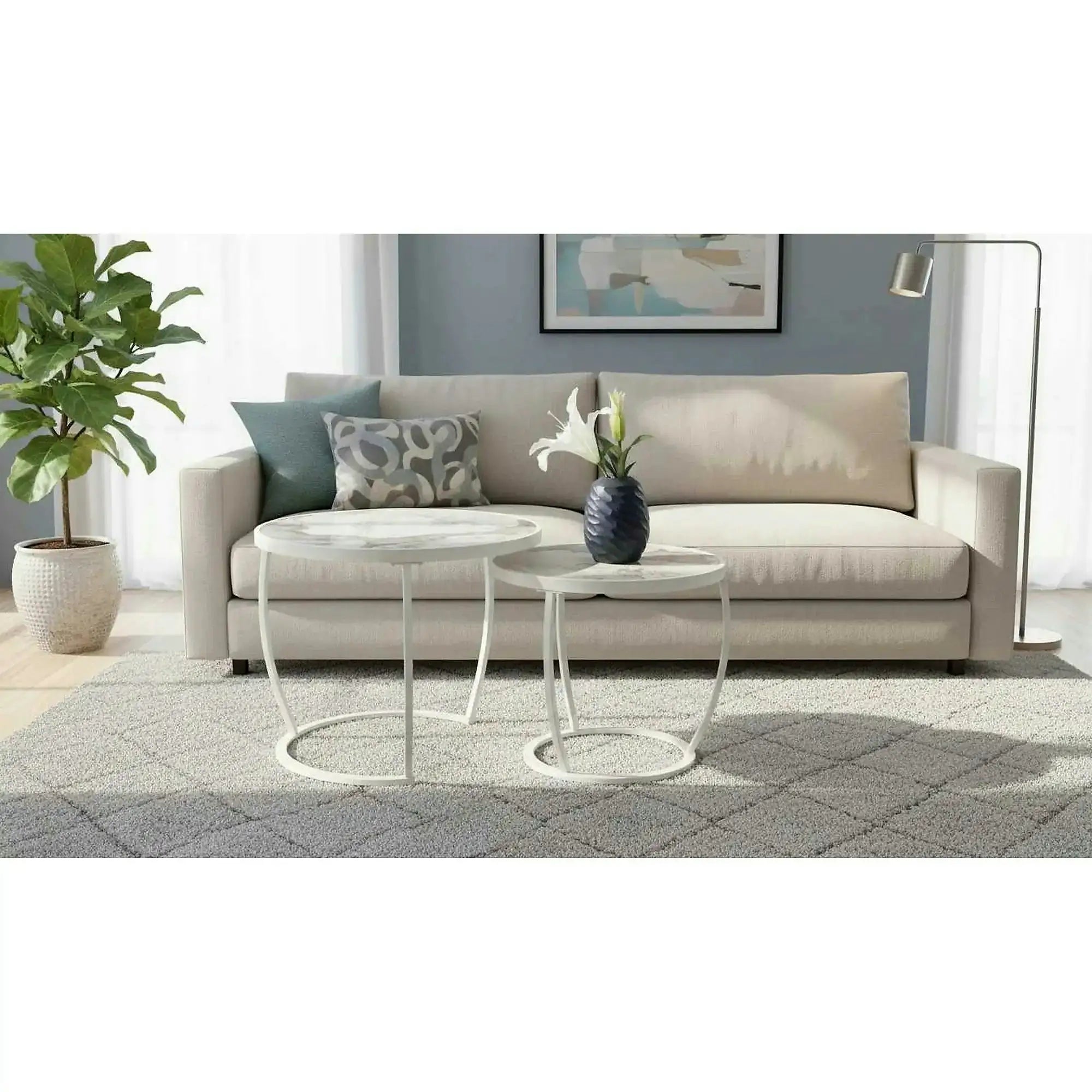 Set 2 masute cafea INES, bej cu efect de marmura/alb, ceramica/metal