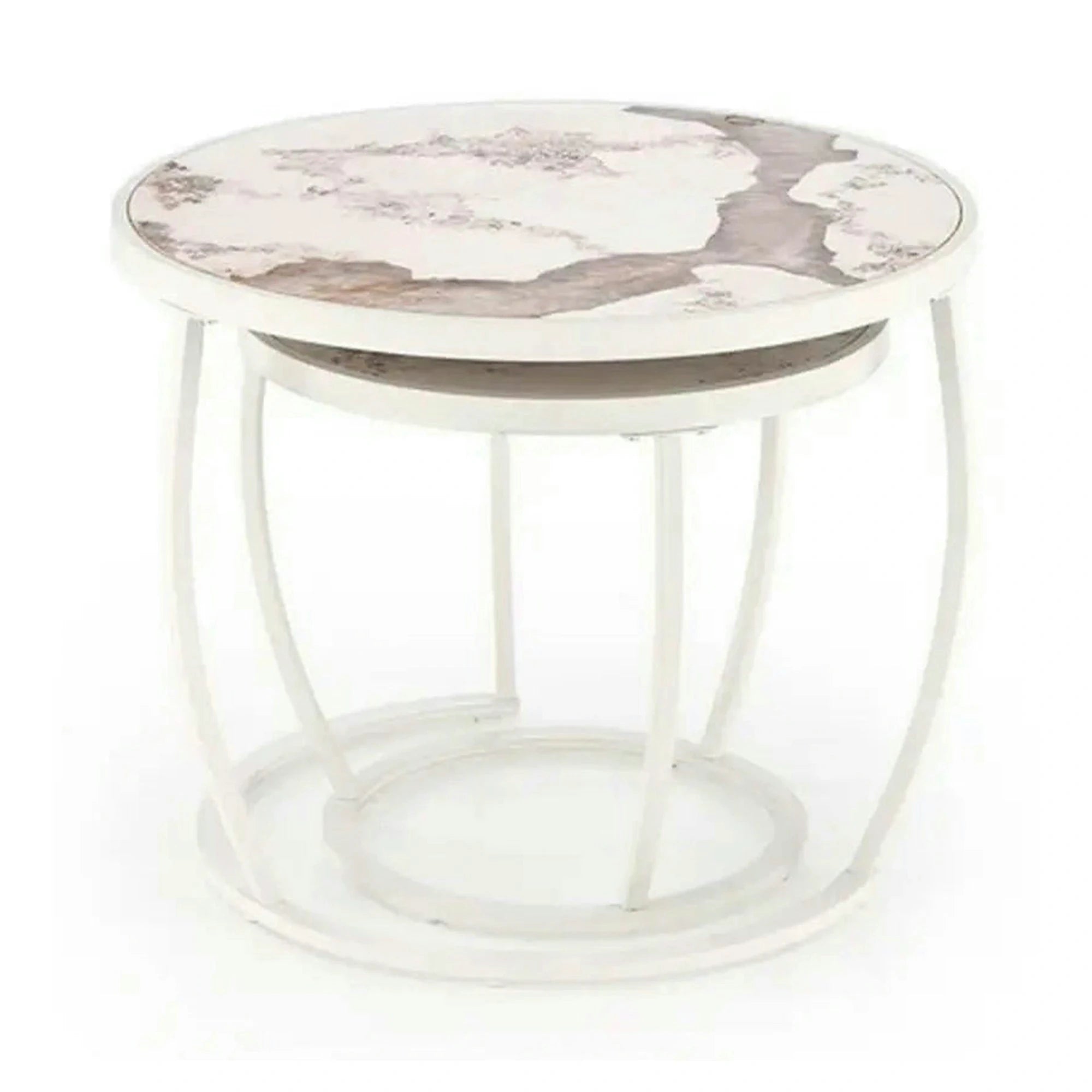 Set 2 masute cafea INES, bej cu efect de marmura/alb, ceramica/metal