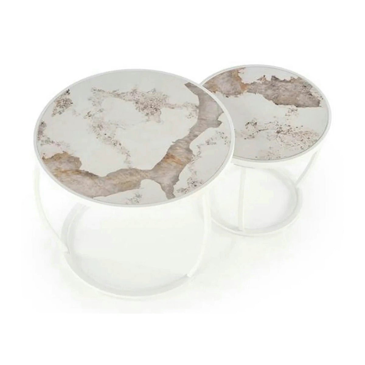 Set 2 masute cafea INES, bej cu efect de marmura/alb, ceramica/metal