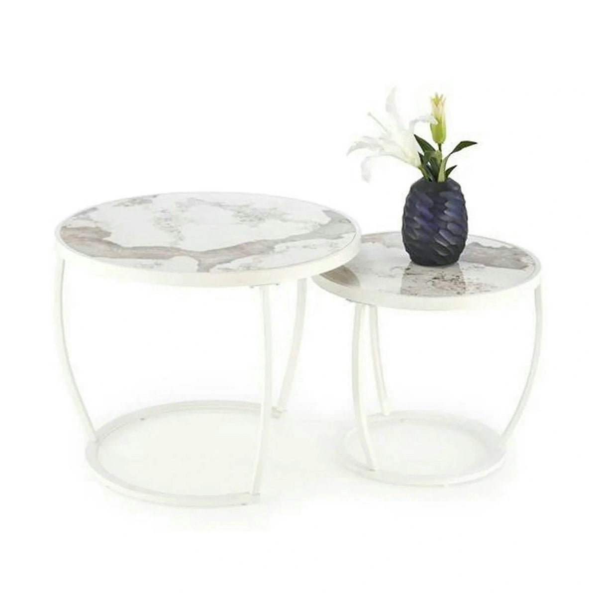 Set 2 masute cafea INES, bej cu efect de marmura/alb, ceramica/metal