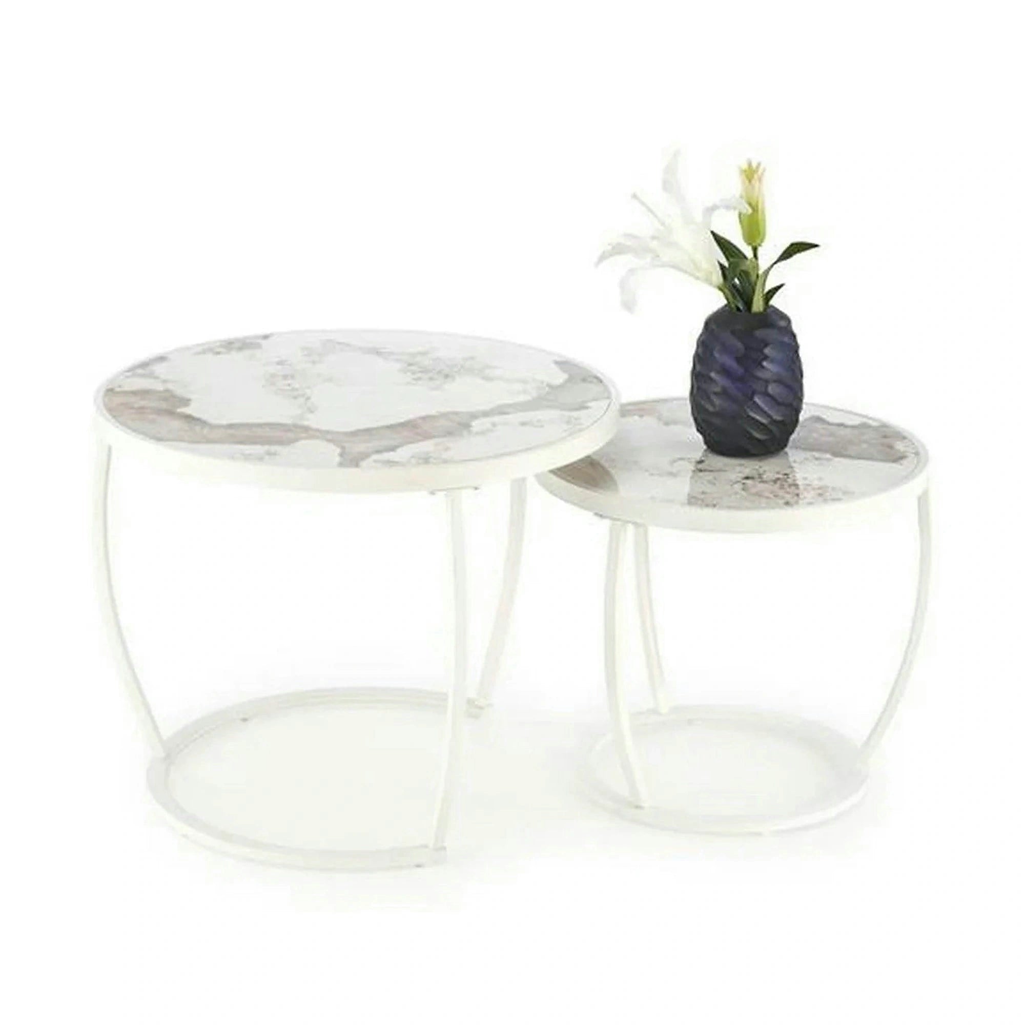 Set 2 masute cafea INES, bej cu efect de marmura/alb, ceramica/metal