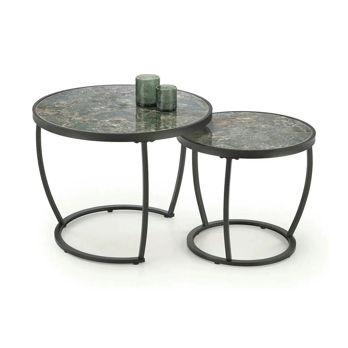 Set 2 masute cafea INES, verde cu efect de marmura/negru, ceramica/metal