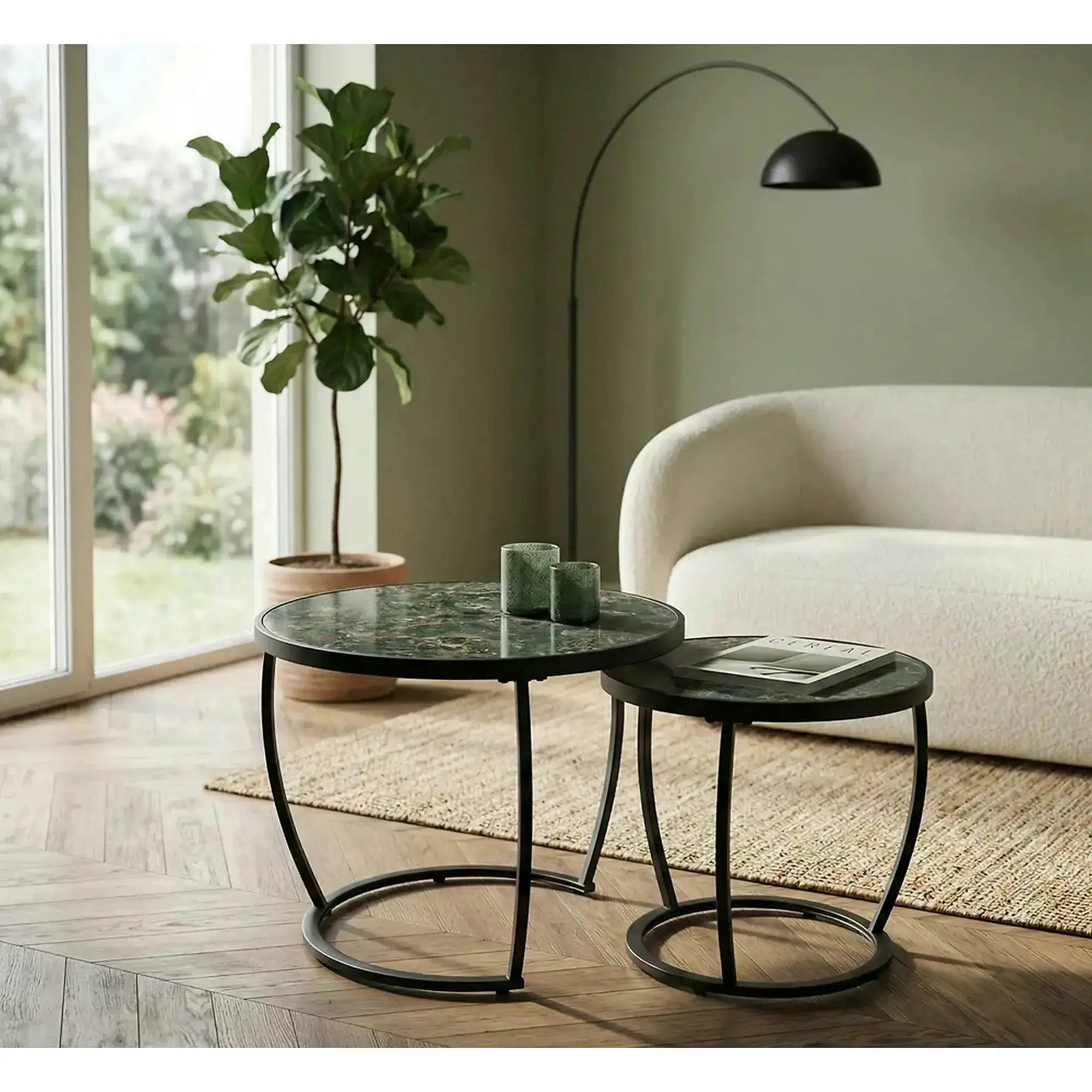 Set 2 masute cafea INES, verde cu efect de marmura/negru, ceramica/metal