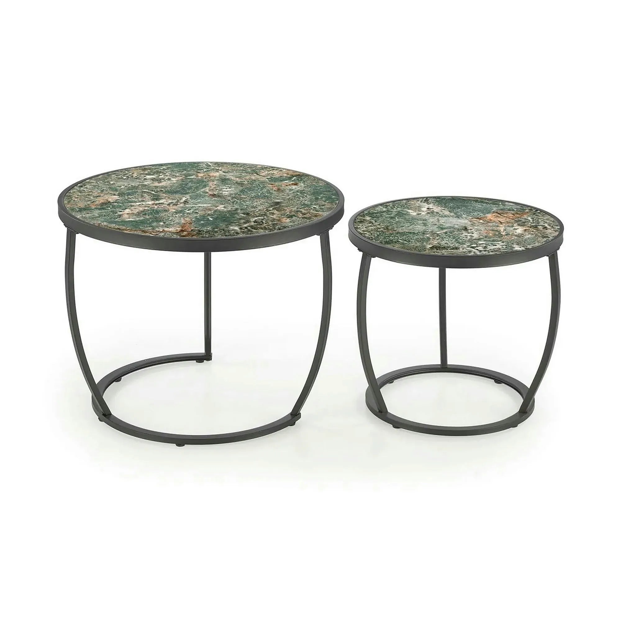 Set 2 masute cafea INES, verde cu efect de marmura/negru, ceramica/metal