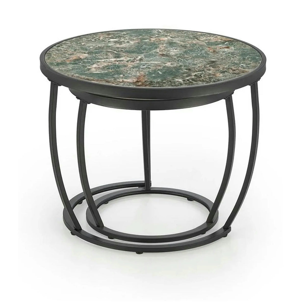 Set 2 masute cafea INES, verde cu efect de marmura/negru, ceramica/metal