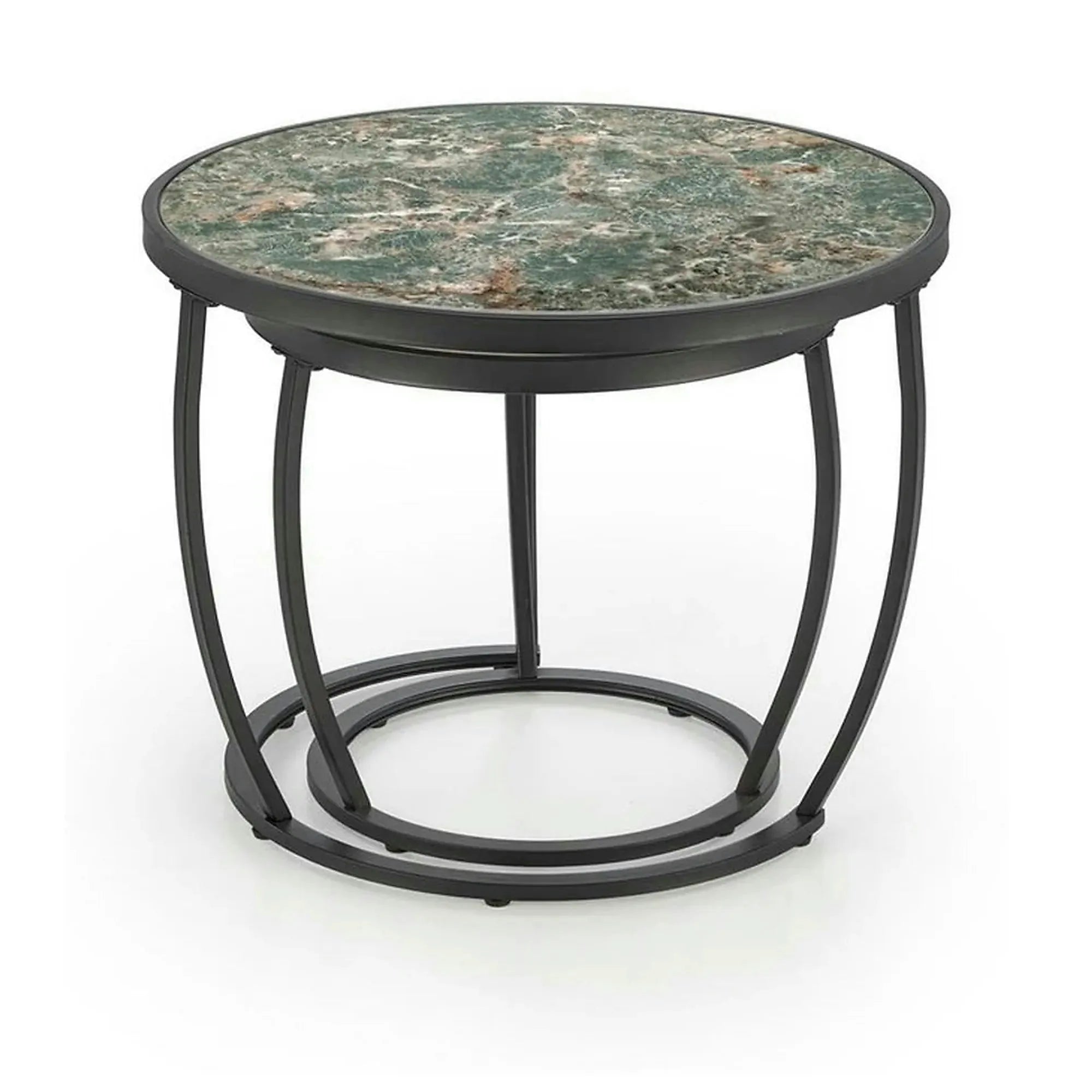 Set 2 masute cafea INES, verde cu efect de marmura/negru, ceramica/metal