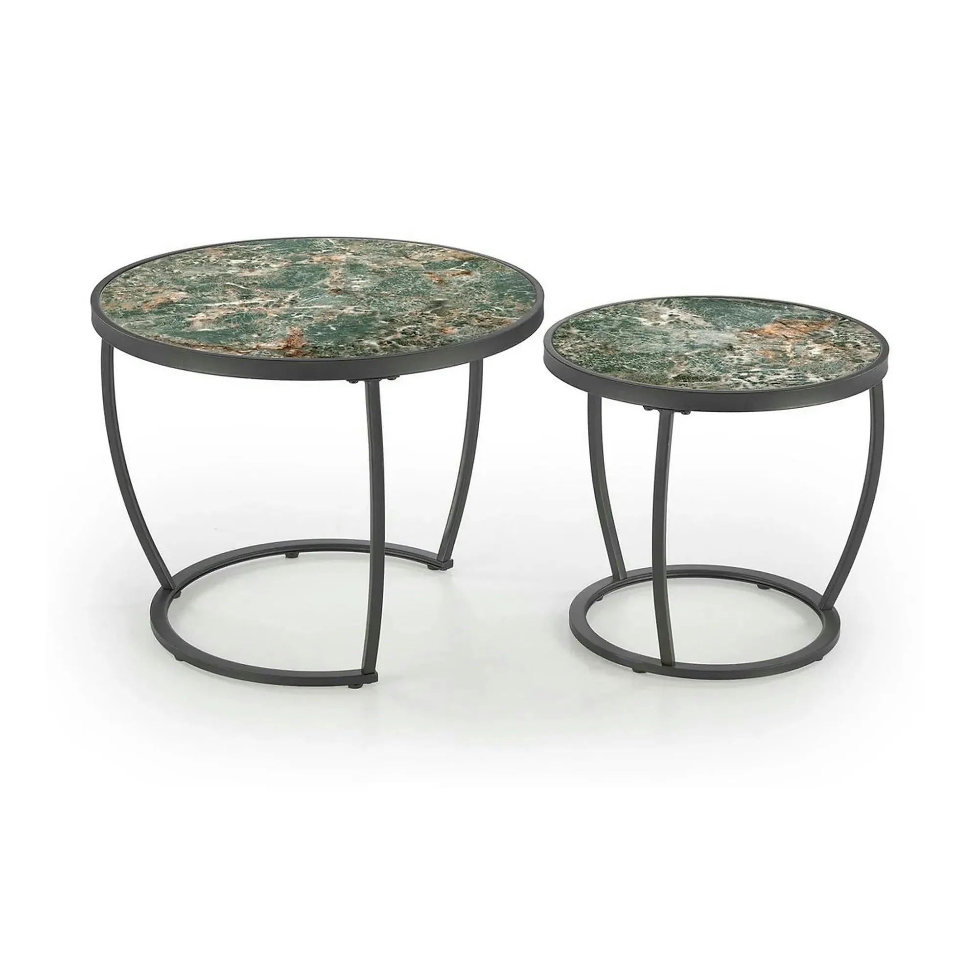 Set 2 masute cafea INES, verde cu efect de marmura/negru, ceramica/metal