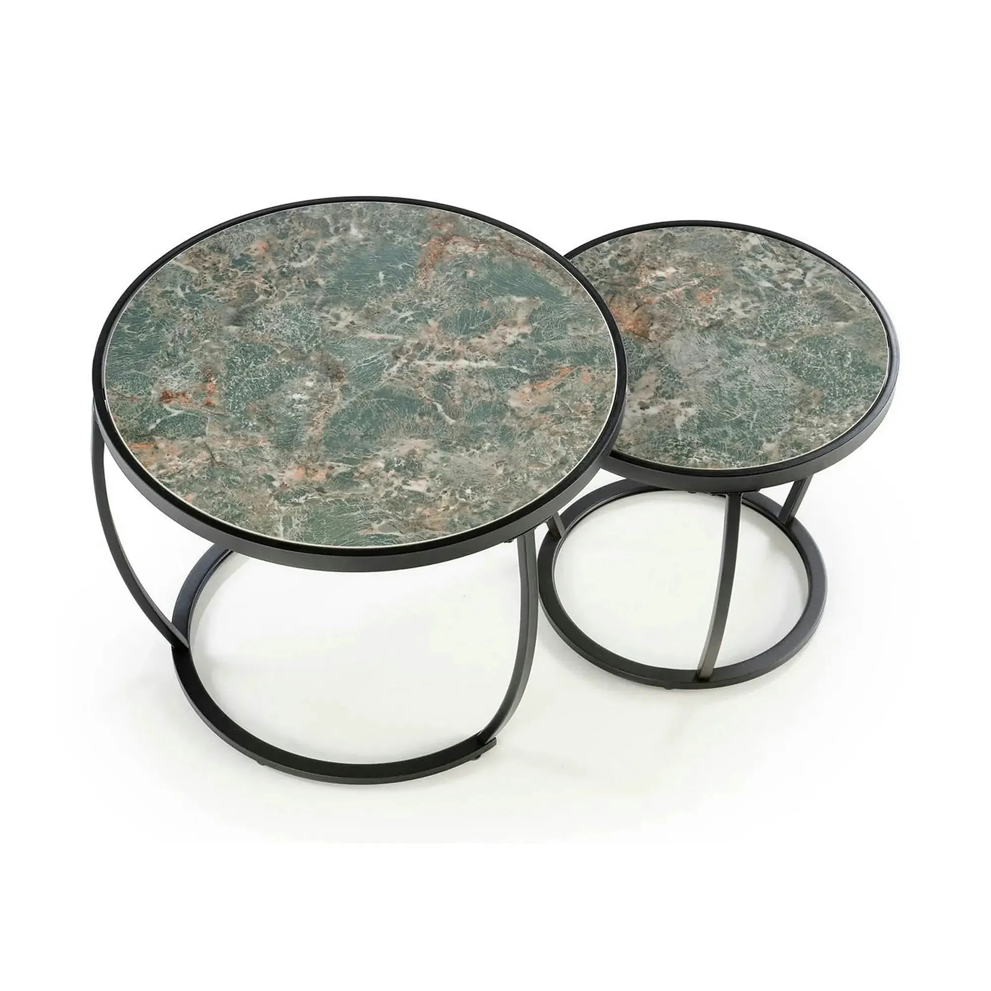 Set 2 masute cafea INES, verde cu efect de marmura/negru, ceramica/metal