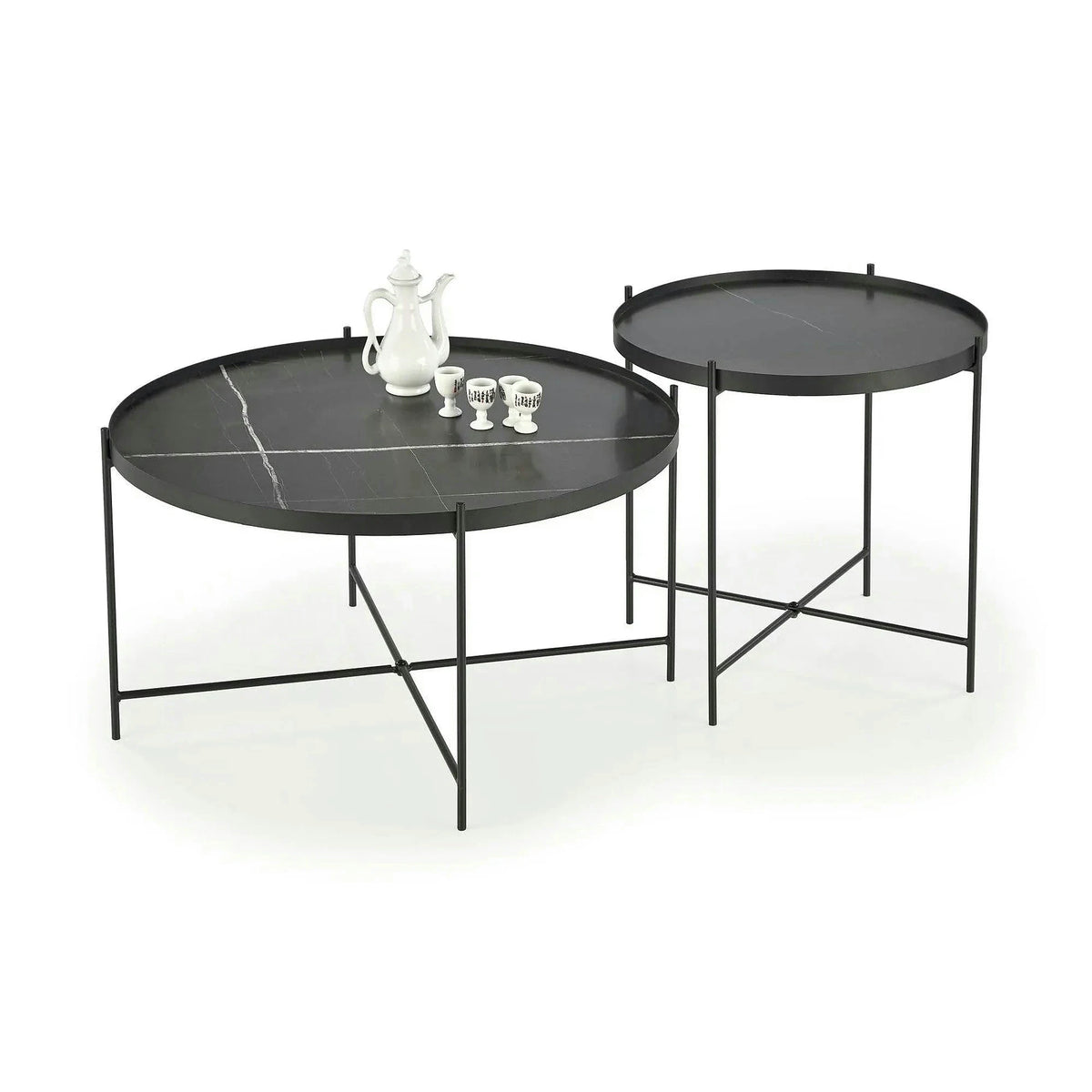 Set 2 masute cafea JULIETA, negru cu efect de marmura/negru