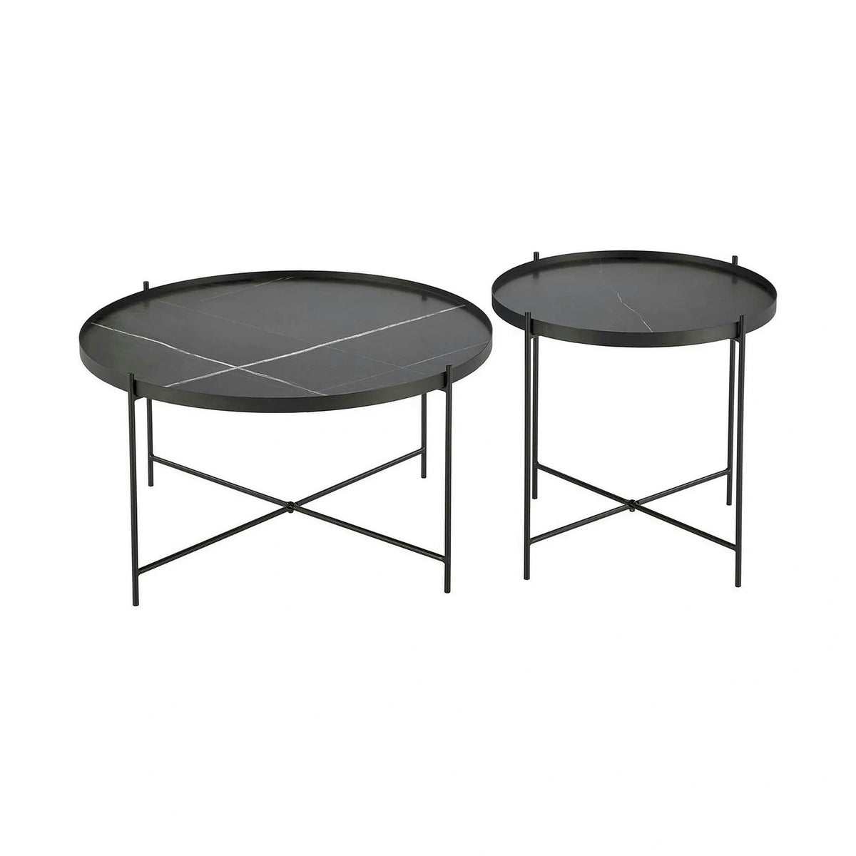 Set 2 masute cafea JULIETA, negru cu efect de marmura/negru