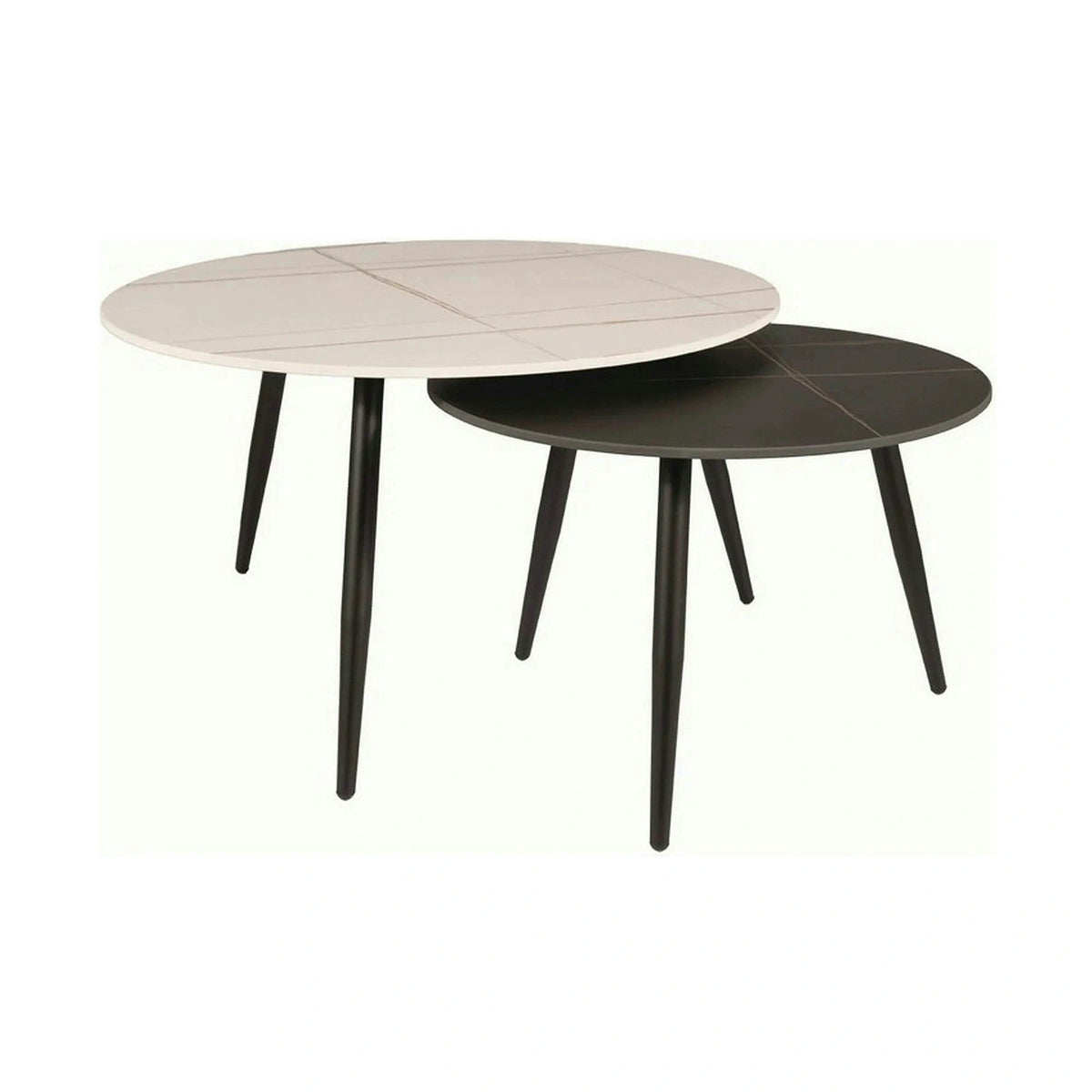 Set 2 masute cafea KORA B, alb cu efect de marmura/negru cu efect de marmura, ceramica/metal