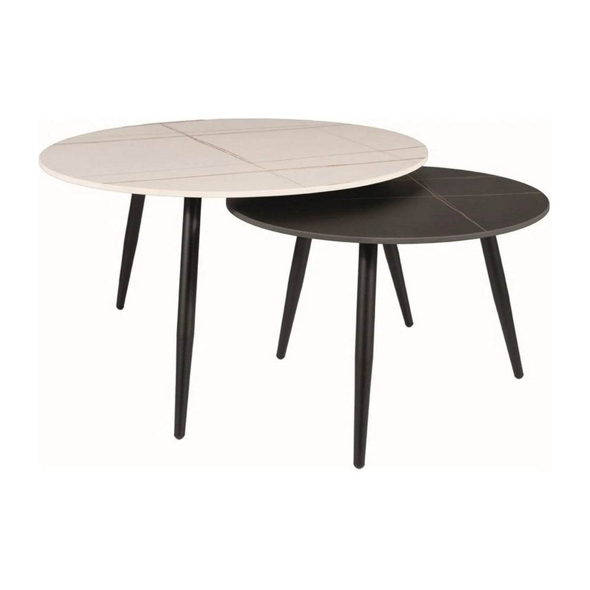 Set 2 masute cafea KORA B, alb cu efect de marmura/negru cu efect de marmura, ceramica/metal