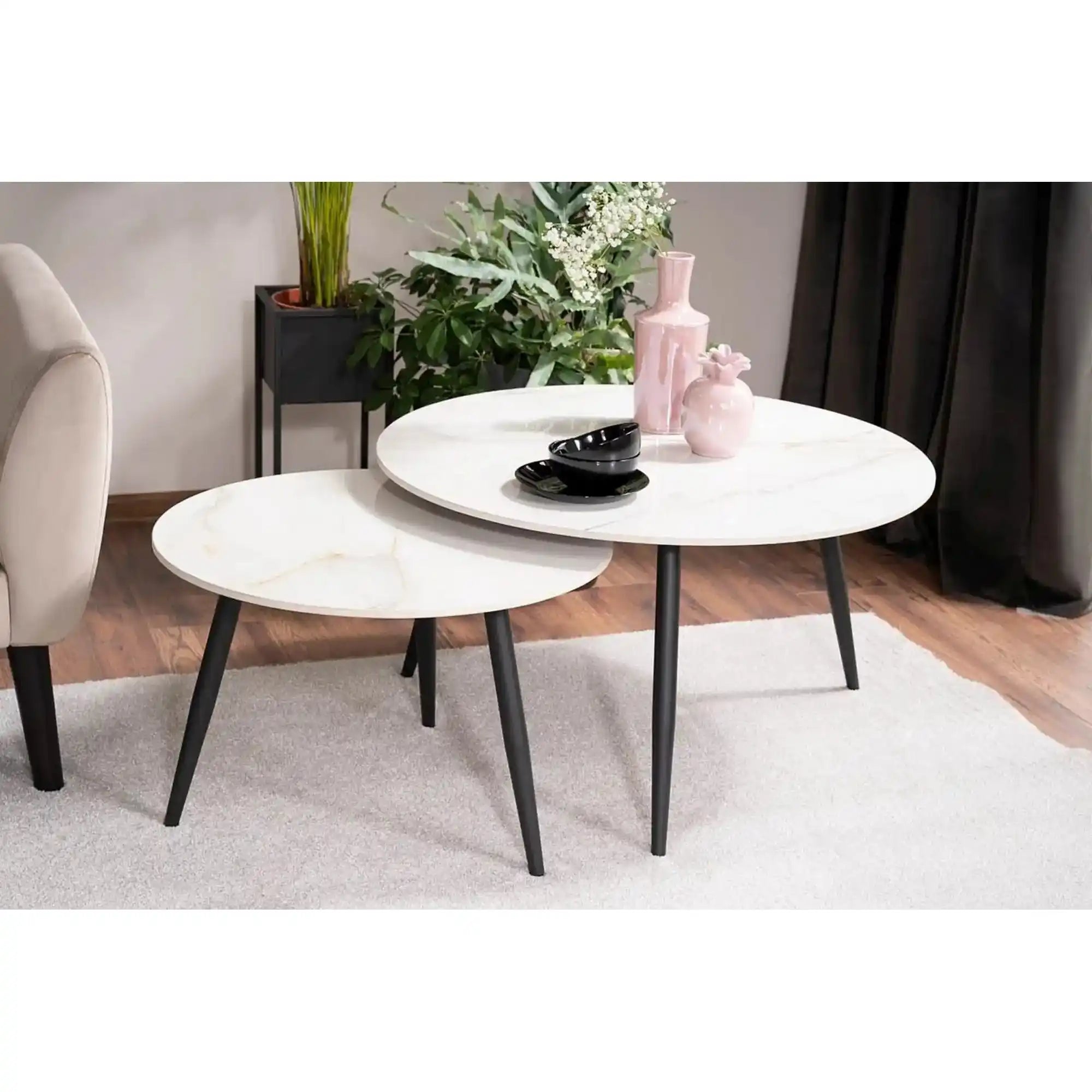 Set 2 masute cafea KORA D, alb cu efect de marmura/negru, ceramica/metal