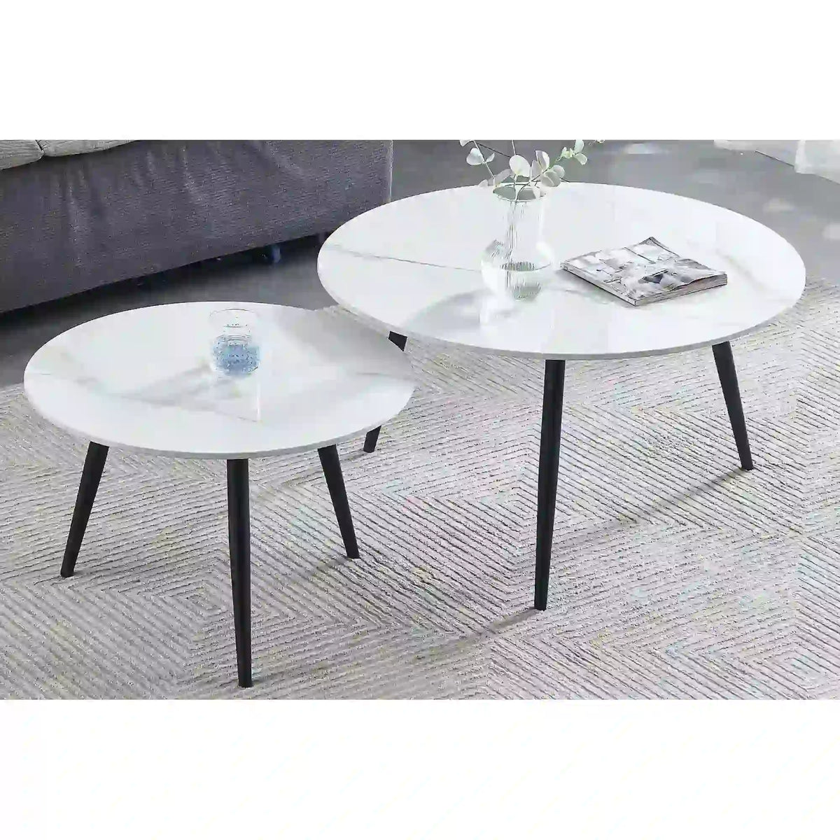 Set 2 masute cafea KORA D, alb cu efect de marmura/negru, ceramica/metal