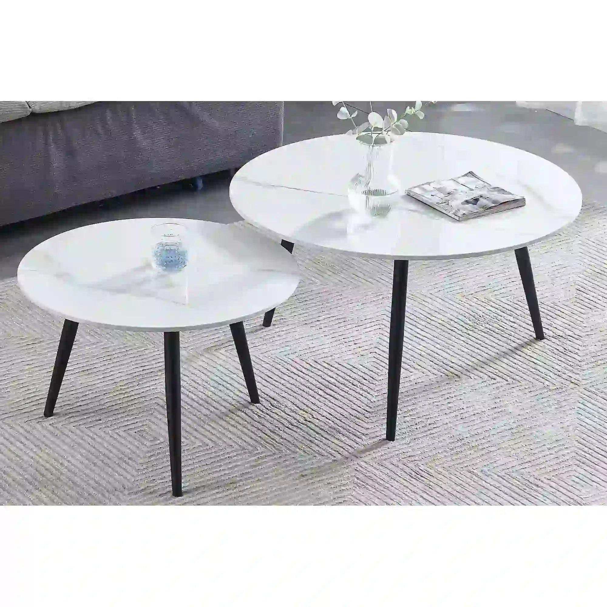 Set 2 masute cafea KORA D, alb cu efect de marmura/negru, ceramica/metal