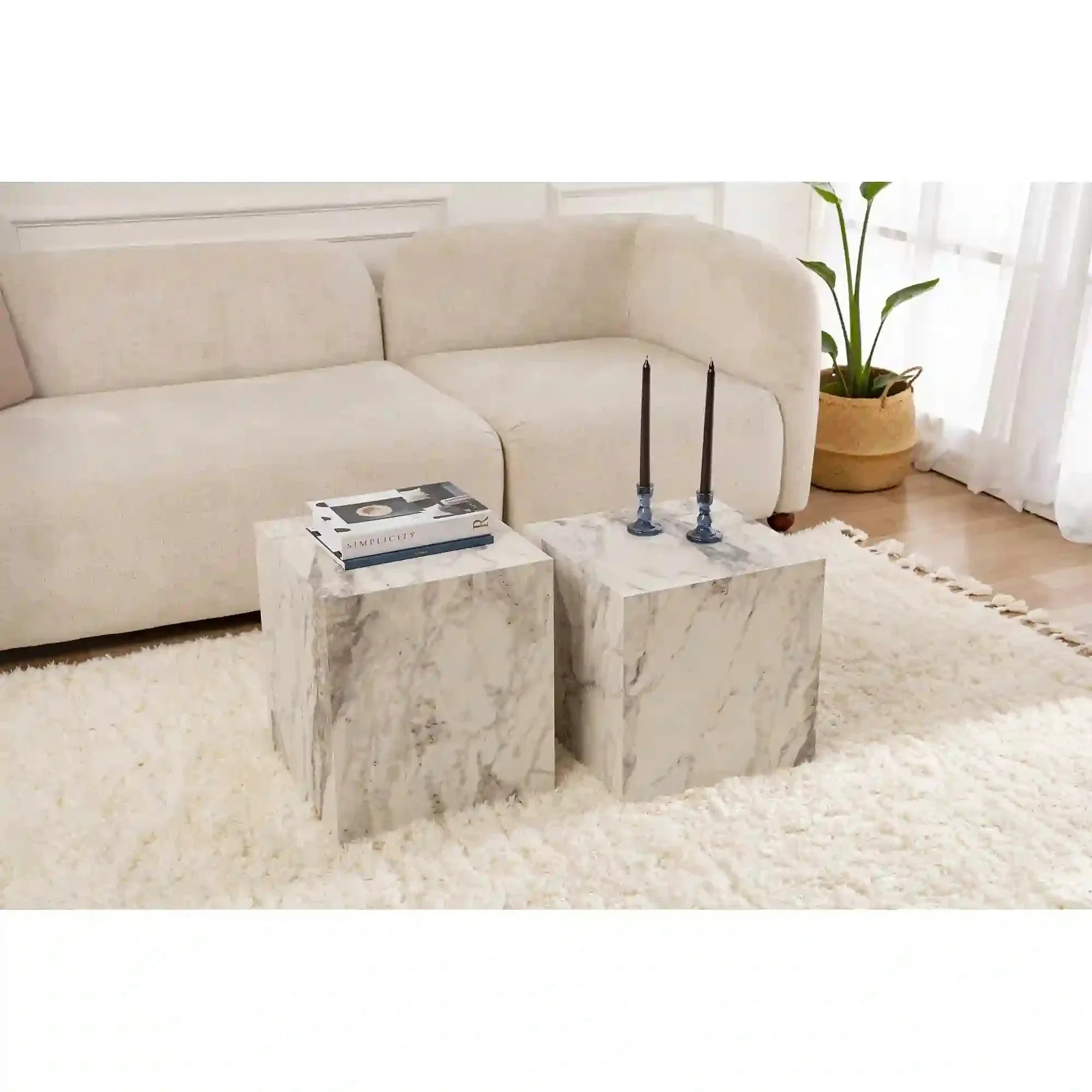 Set 2 masute cafea KUP, alb cu efect de marmura, 40x40x40 cm