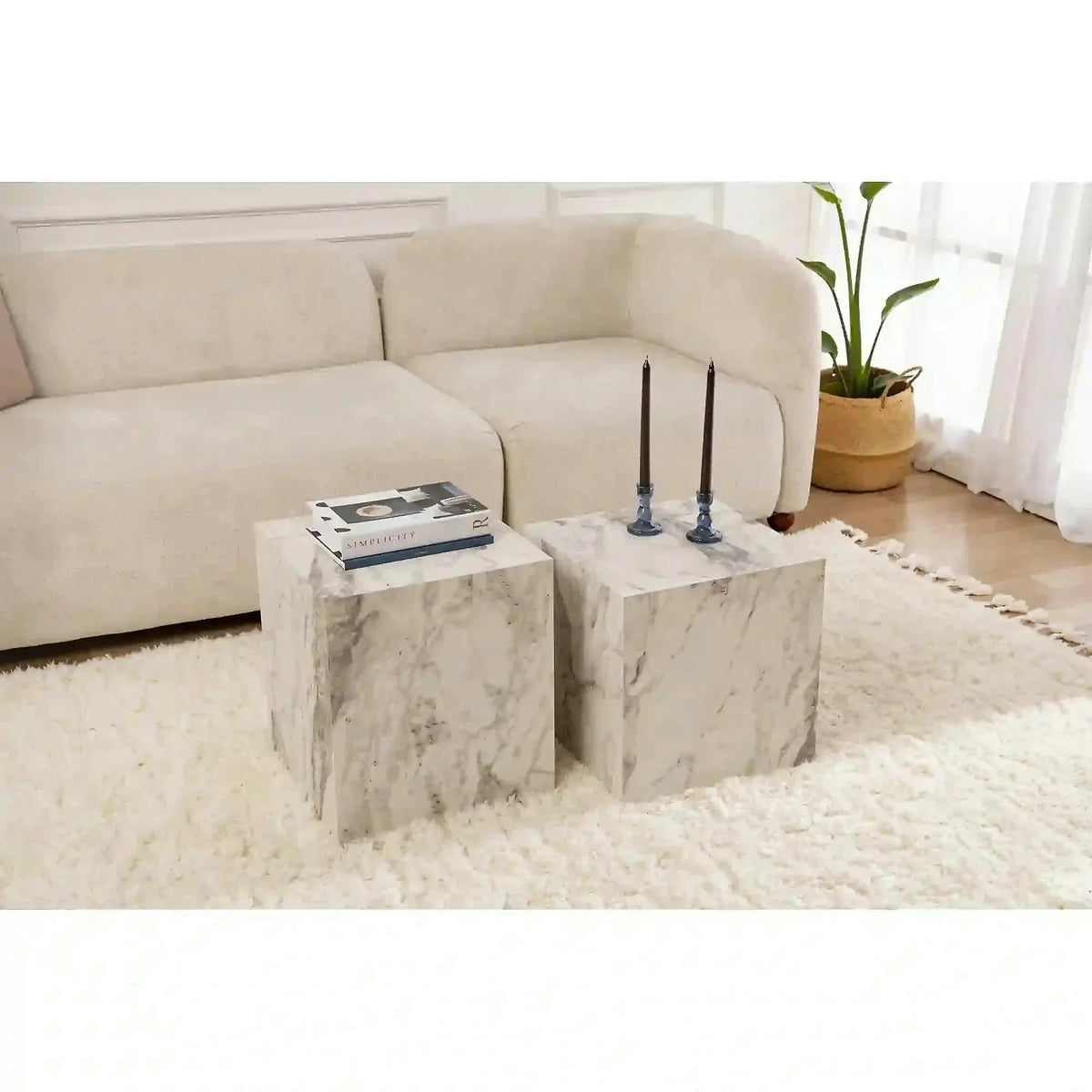Set 2 masute cafea KUP, alb cu efect de marmura, 40x40x40 cm