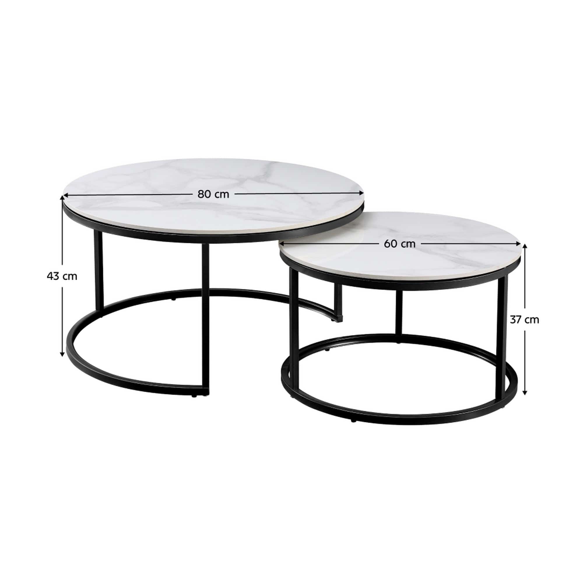 Set 2 masute cafea LASTRO, alb cu efect de marmura/negru, ceramica/otel